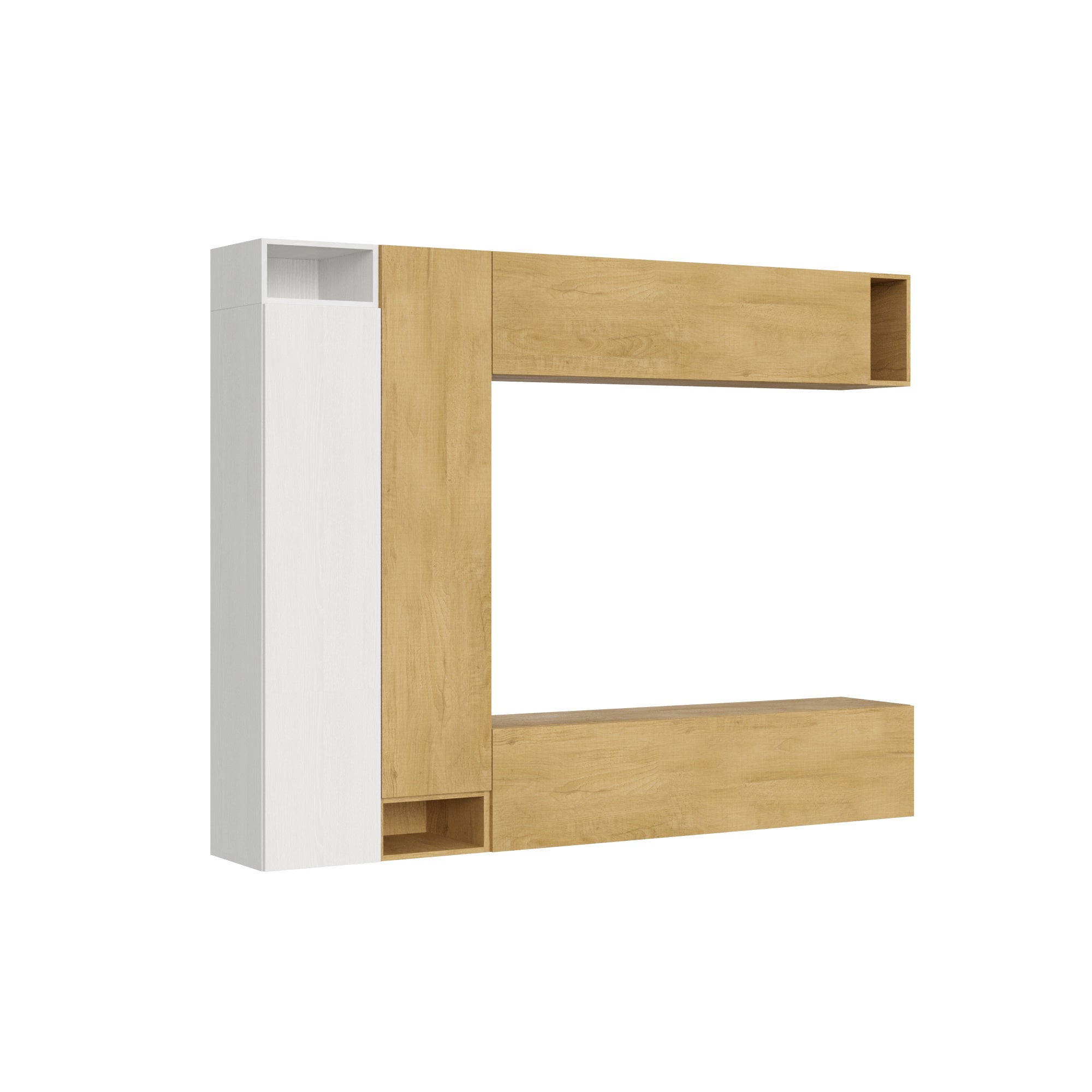 Mueble de pared Isoka A27, 254 cm de ancho, 194 cm de alto, 39,5 cm de profundidad, color roble y blanco, estilo casa de vacaciones moderna.