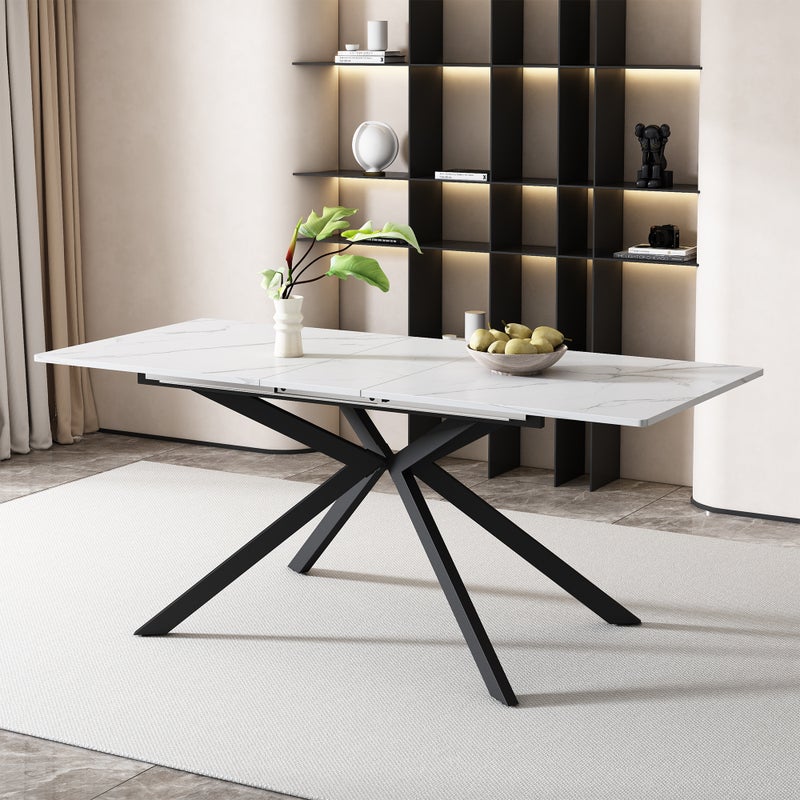 Rozkładany stół jadalny dla 4-6 osób - Dł. 150/180 x Szer. 70 x Wys. 76 cm - Nogi z płyty MDF i metalu - Blat imitujący marmur - Biały