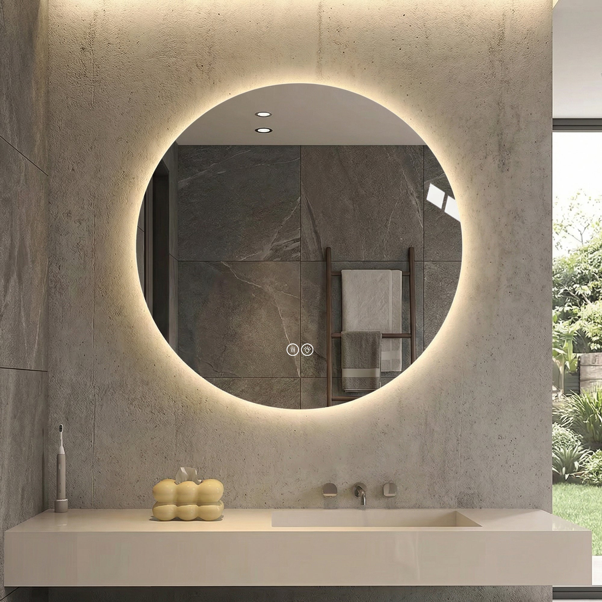 Lustro łazienkowe okrągłe LED 80 cm, podświetlane, przeciwmgielne, 3 barwy światła, możliwość płynnego ściemniania, funkcja pamięci, włącznik dotykowy
