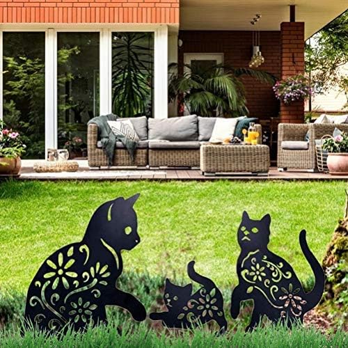 Metalowe figurki do ogrodu Cat Yard Art, 3 sztuki, wydrążone figurki zwierząt w kształcie kota, czarne