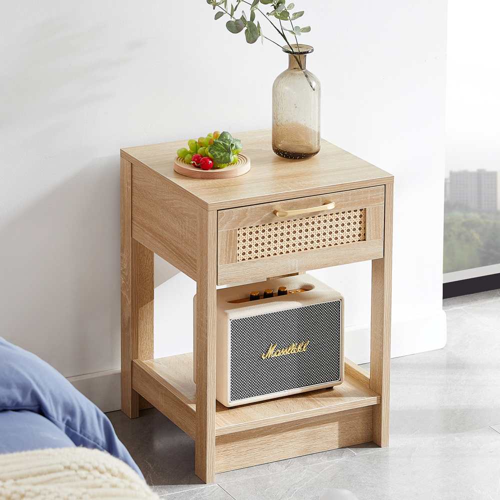 Stolik boczny z rattanu z szufladą, nowoczesna szafka nocna do salonu i sypialni H55/B40/T40 cm, naturalny i trwały design