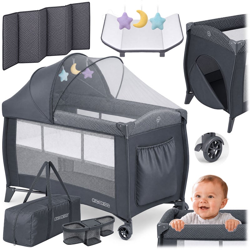 Łóżeczko turystyczne dwupoziomowe Ricokids 724201 składane podróżne kojec + materac + torba
