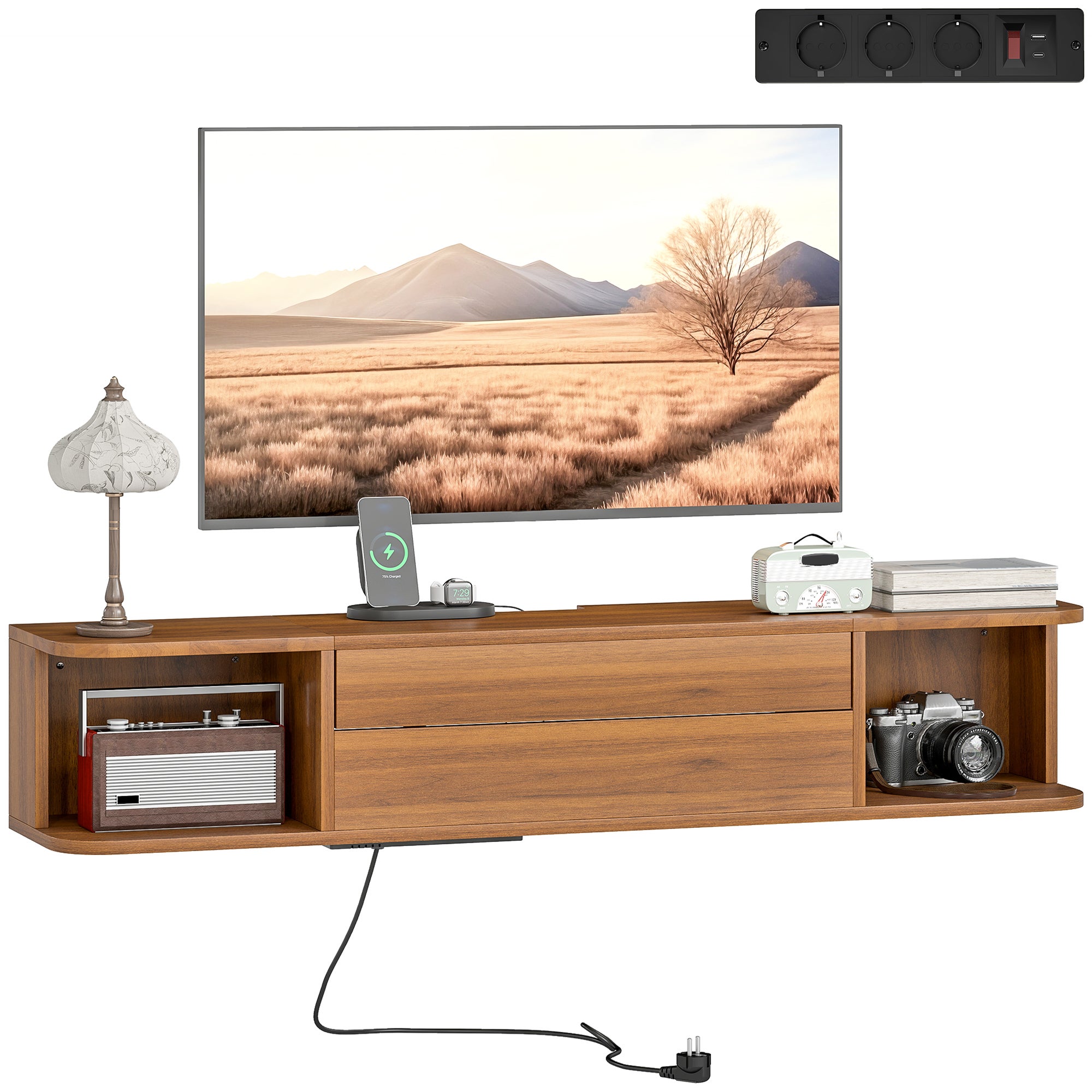 Stojak ścienny pod telewizor do 50 cali z gniazdami zasilania, USB i Type-C, szufladą i półkami, 120 x 24 x 22,4 cm, orzech