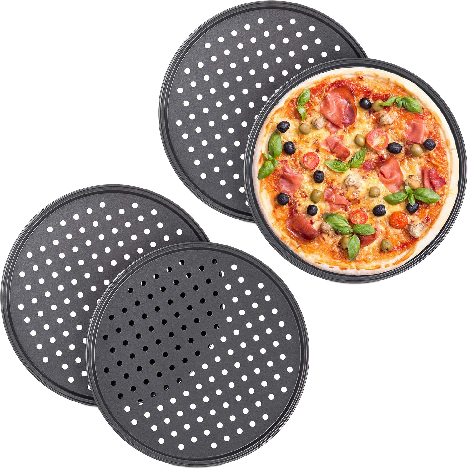 Zestaw 4 okrągłych, perforowanych, nieprzywierających patelni do pizzy, wykonanych ze stali, średnica 32 cm, kolor antracytowy