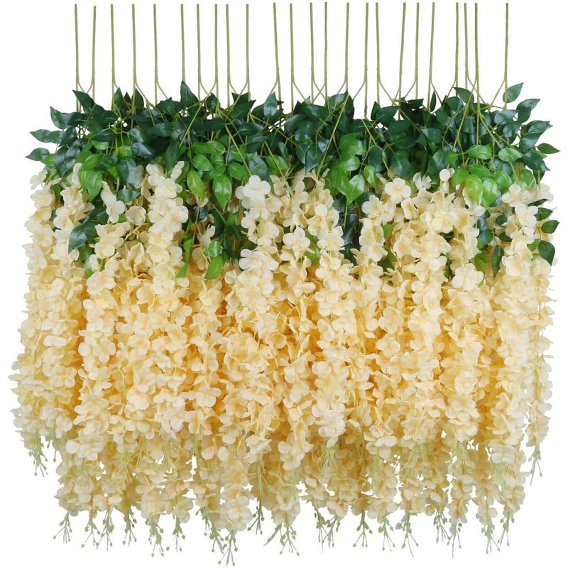 Sztuczne kwiaty, 24 sztuki sztucznej glicynii, wiszące kwiaty z jedwabiu, dekoracja na przyjęcie (24 sztuki, 110 cm / każdy pęd, szampan)