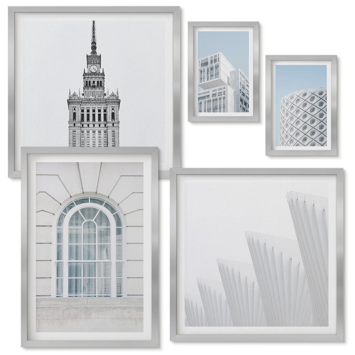Zestaw obrazów w ramie - 5 części | Nowoczesna architektura minimalistyczne formy i linie | Srebrna ramka