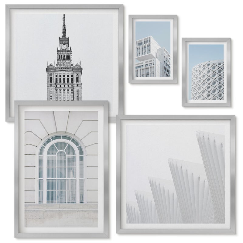 Zestaw obrazów w ramie - 5 części | Nowoczesna architektura minimalistyczne formy i linie | Srebrna ramka