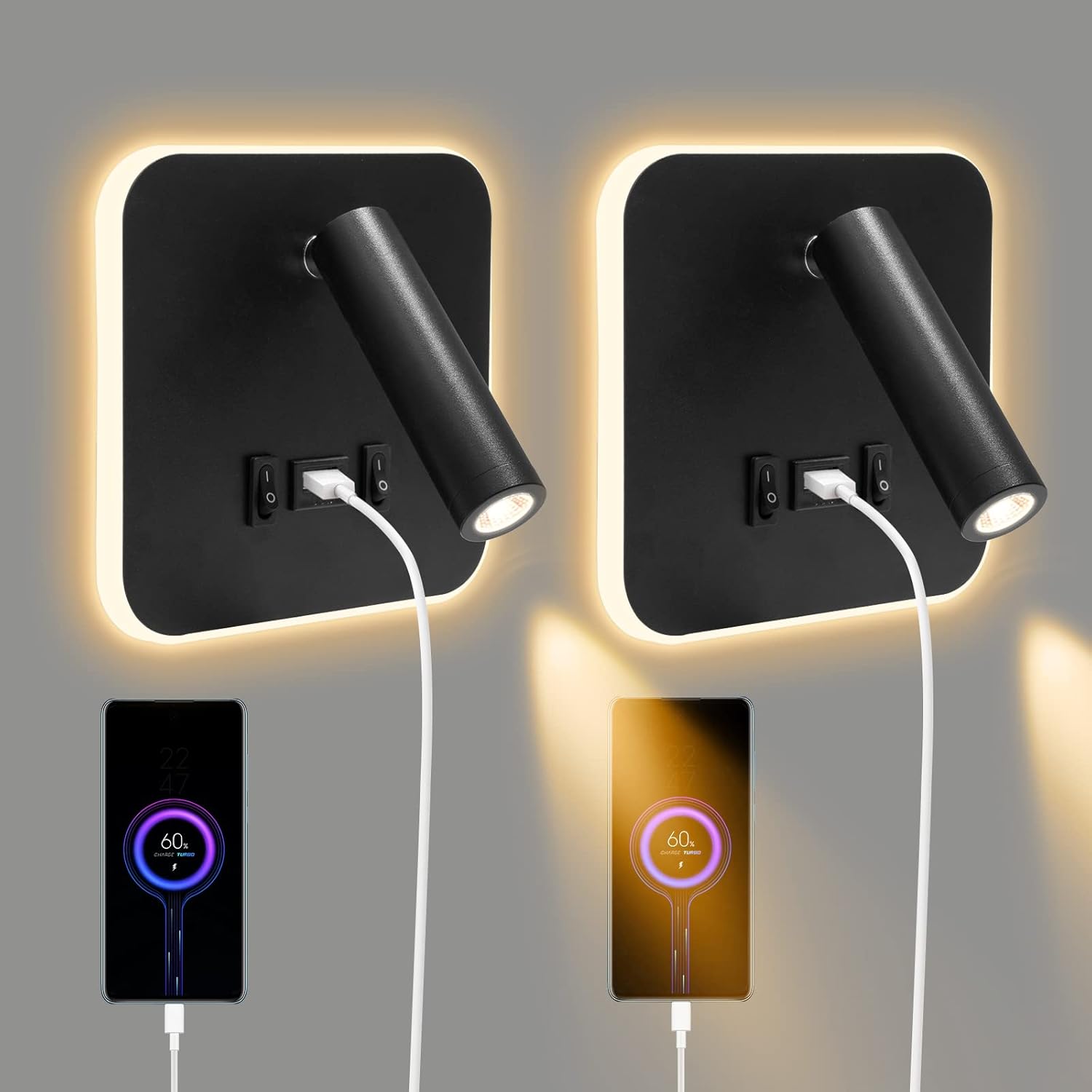 (2 sztuki) Kinkiet wewnętrzny LED, lampka nocna z włącznikiem, obrotowy kinkiet 360°, lampka do czytania 3000K