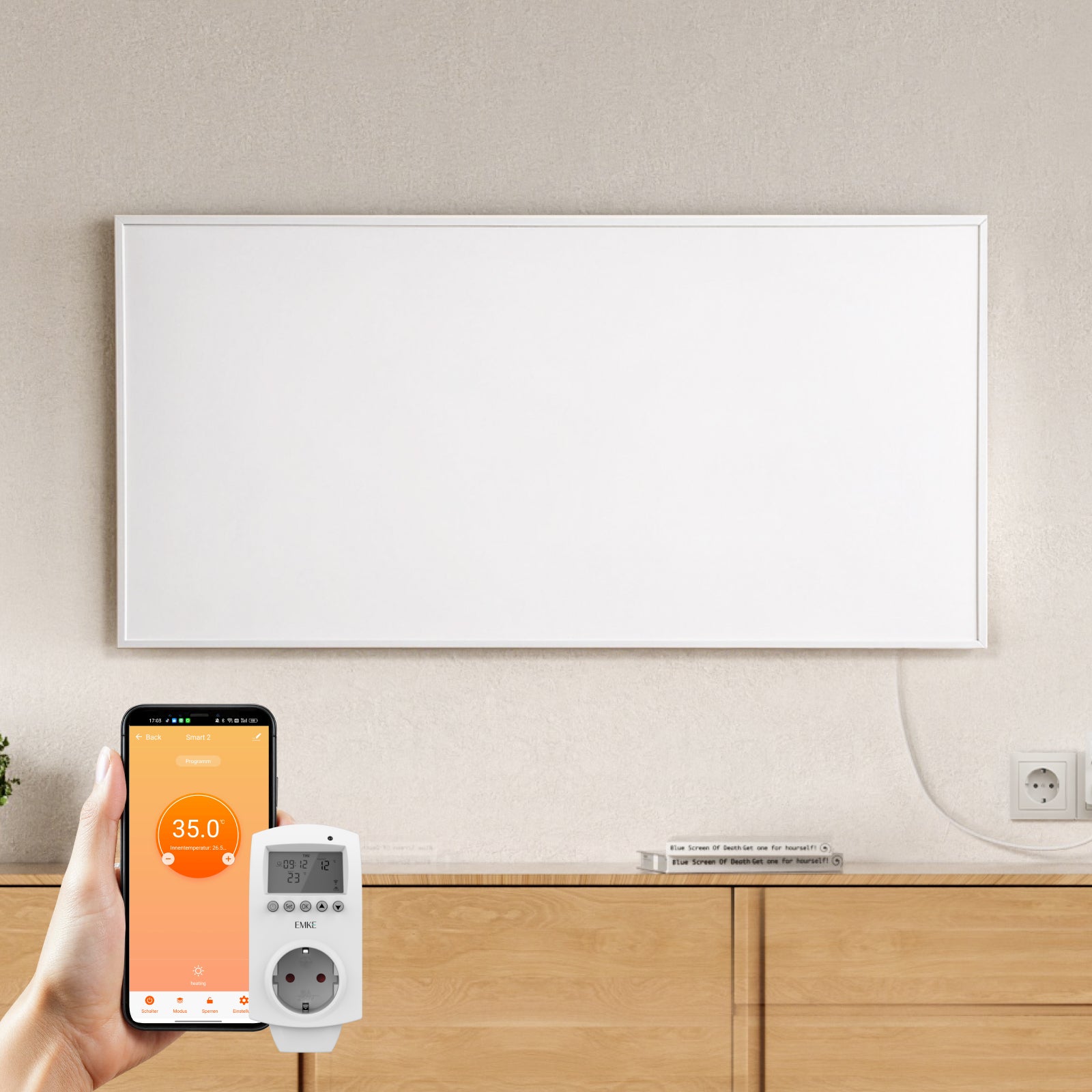 EMKE Grzejnik na podczerwień 1000 W z programowalnym termostatem Wi-Fi, panel ścienny, 119,5 x 59,5 cm, biała aluminiowa rama