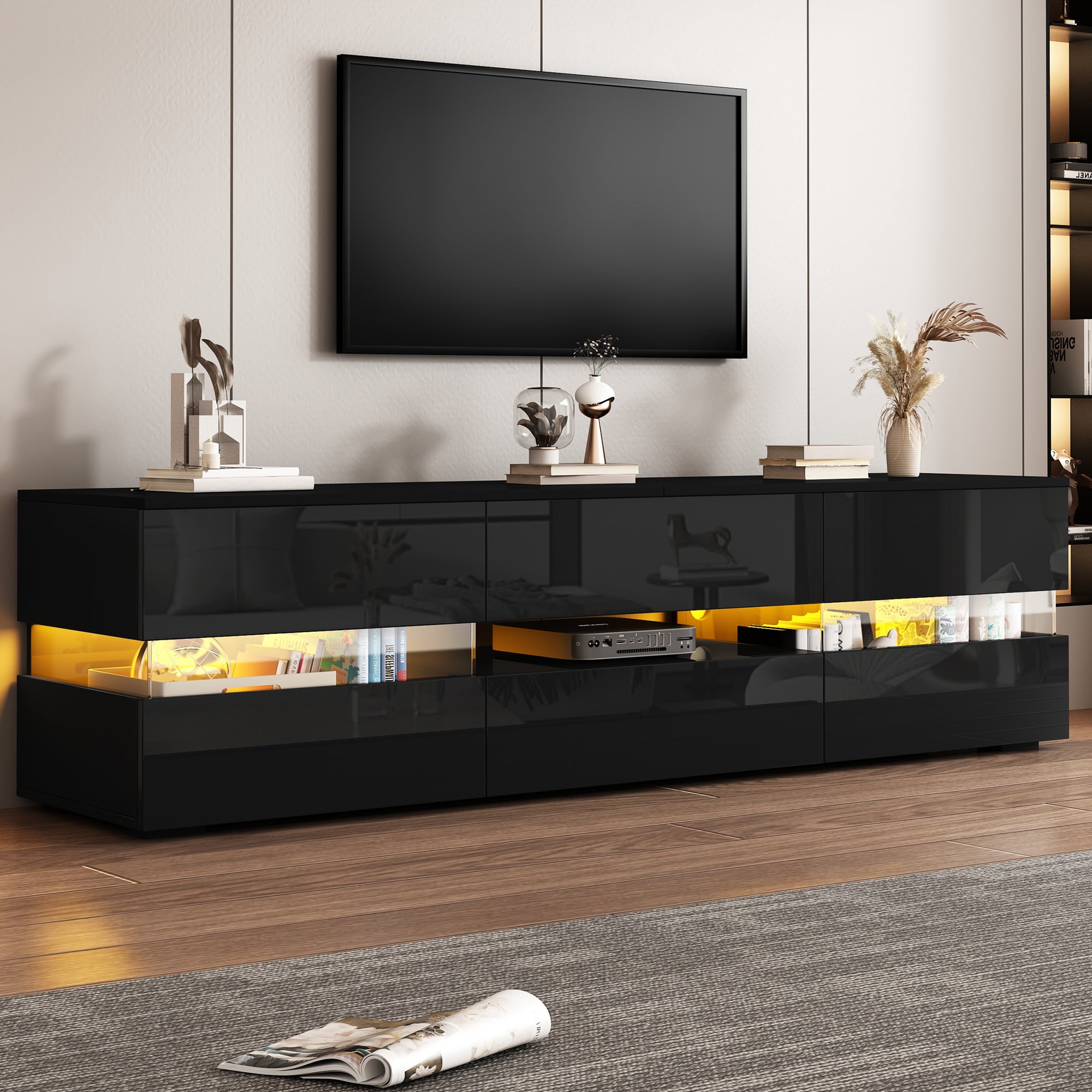 Stojak pod telewizor z 2 drzwiami i 1 szufladą do telewizorów 70 cali - 160 x 39 x 45 cm - Płyta wiórowa - Diody LED - Czarny połysk