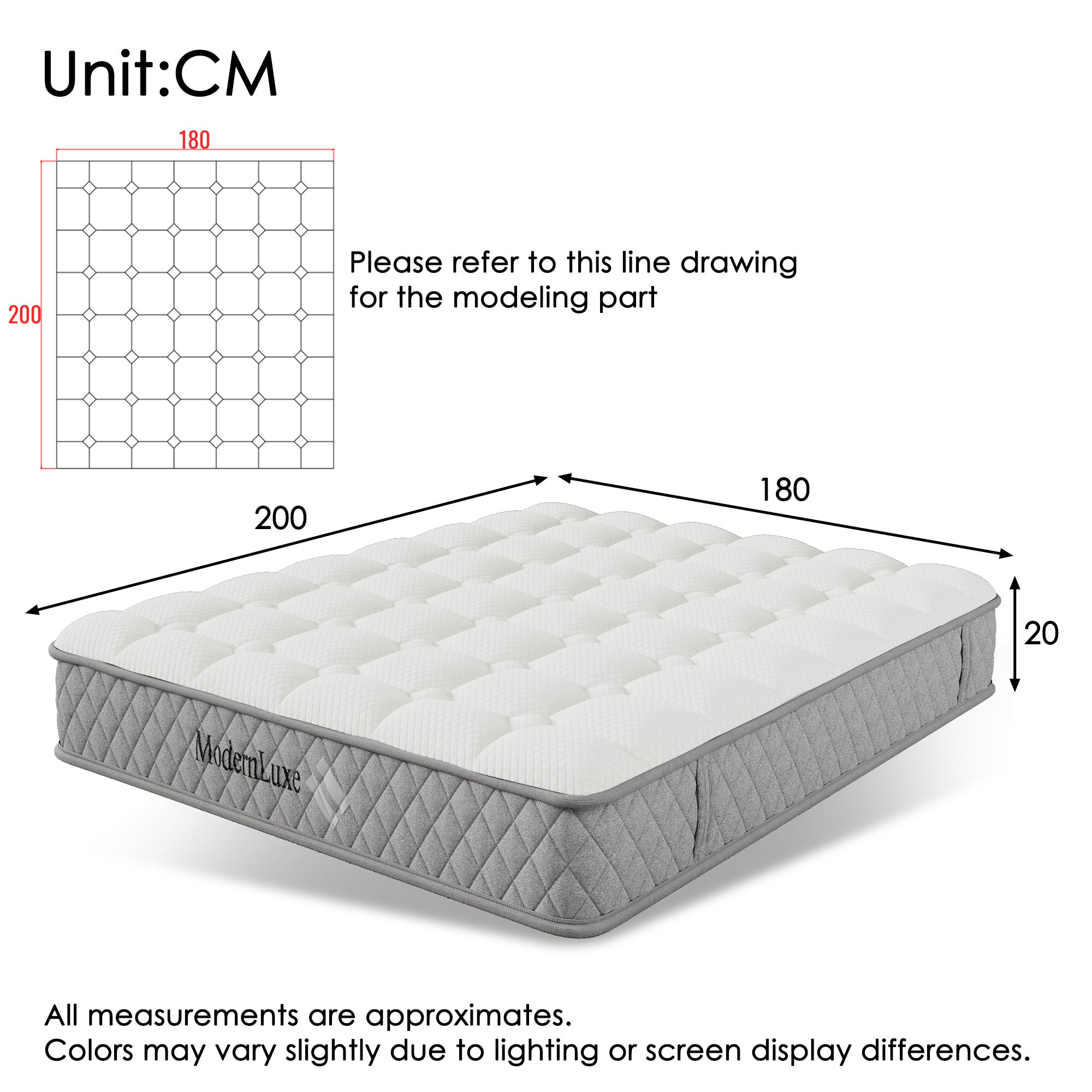 Materac kieszeniowy 7-strefowy 180 x 200 cm - Materac ortopedyczny z zimnej pianki, grubość 20 cm - Twardość H3 (średnio twardy) - 4 uchwyty