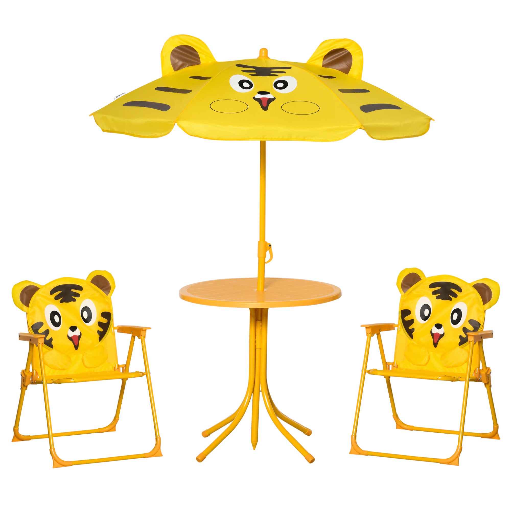 Zestaw mebli ogrodowych dla dzieci Tiger Design, 4 elementy – okrągły stół + 2 składane krzesła + parasol – żółty metal z żywicą epoksydową Oxford