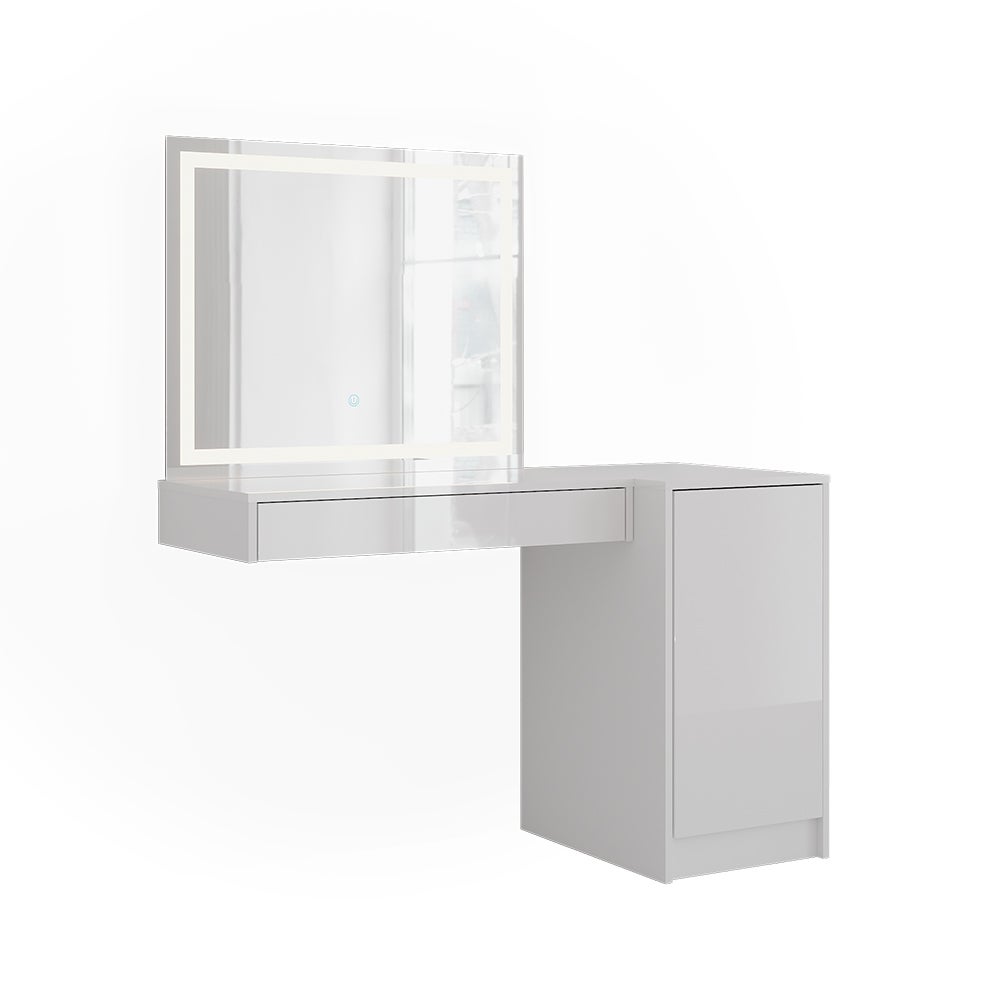 Vicco Stół toaletowy Sherry, Biały/Biały wysoki połysk, 120.2 cm z lustrem LED i modułem z drzwiami