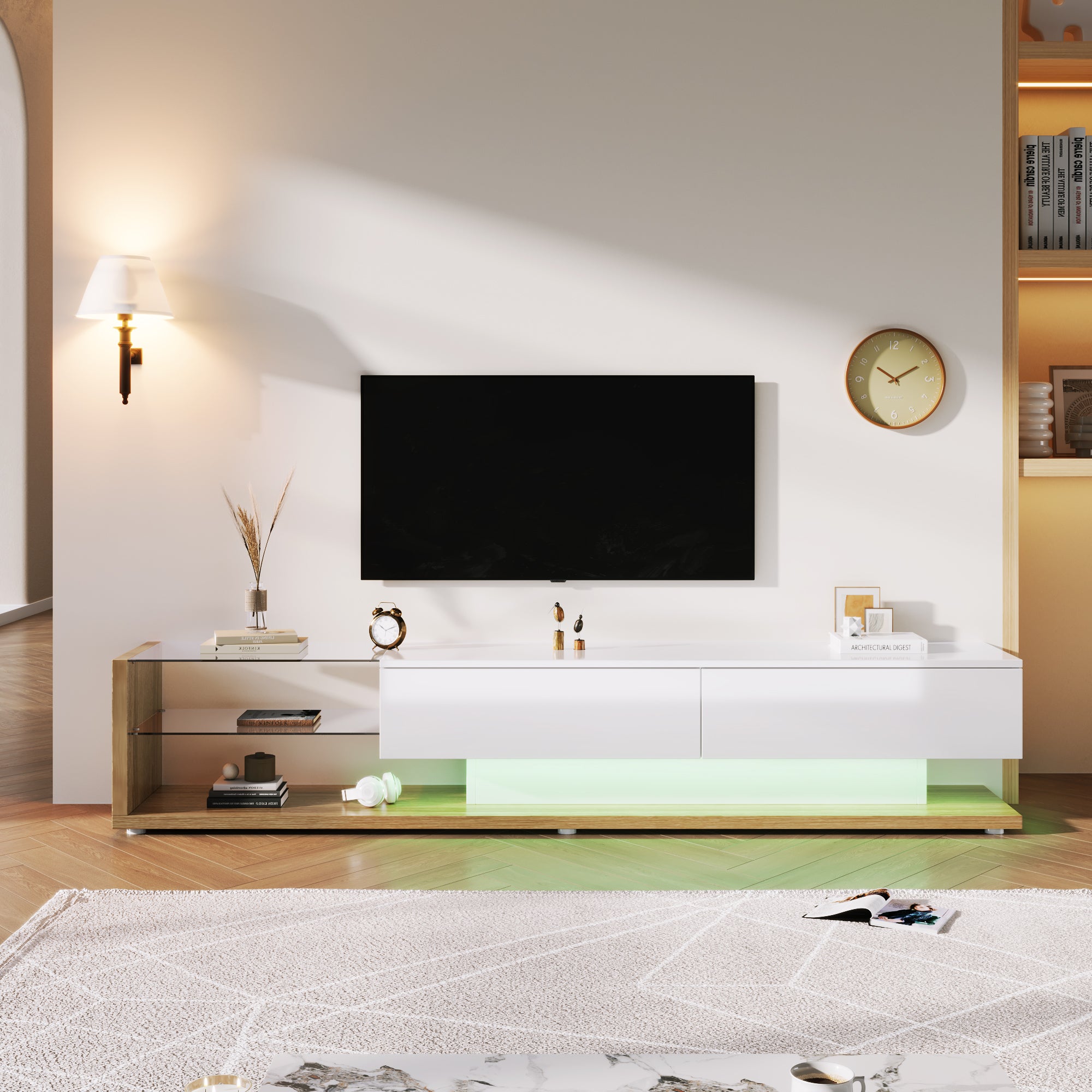 TV-Schrank Lowboard z Biało-Szklany - LED, 170x36x38cm, Spanplatte, Holzowe