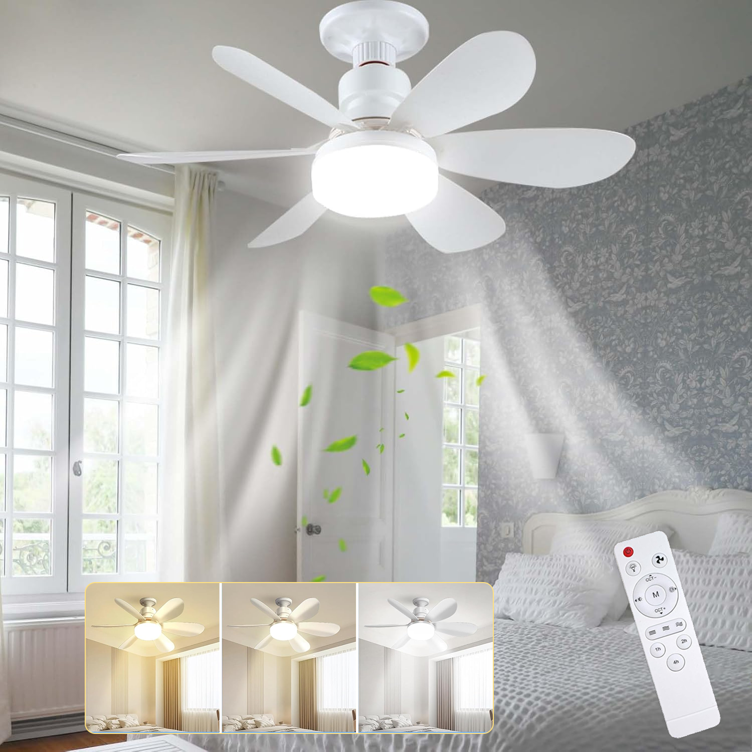 Wentylator Sufitowy ze Światłem i Pilotem, 52CM 40W Mały Ściemniany Wentylator Sufitowy LED z Oprawką E27, 6 Łopatek, 3 Prędkości, Timer