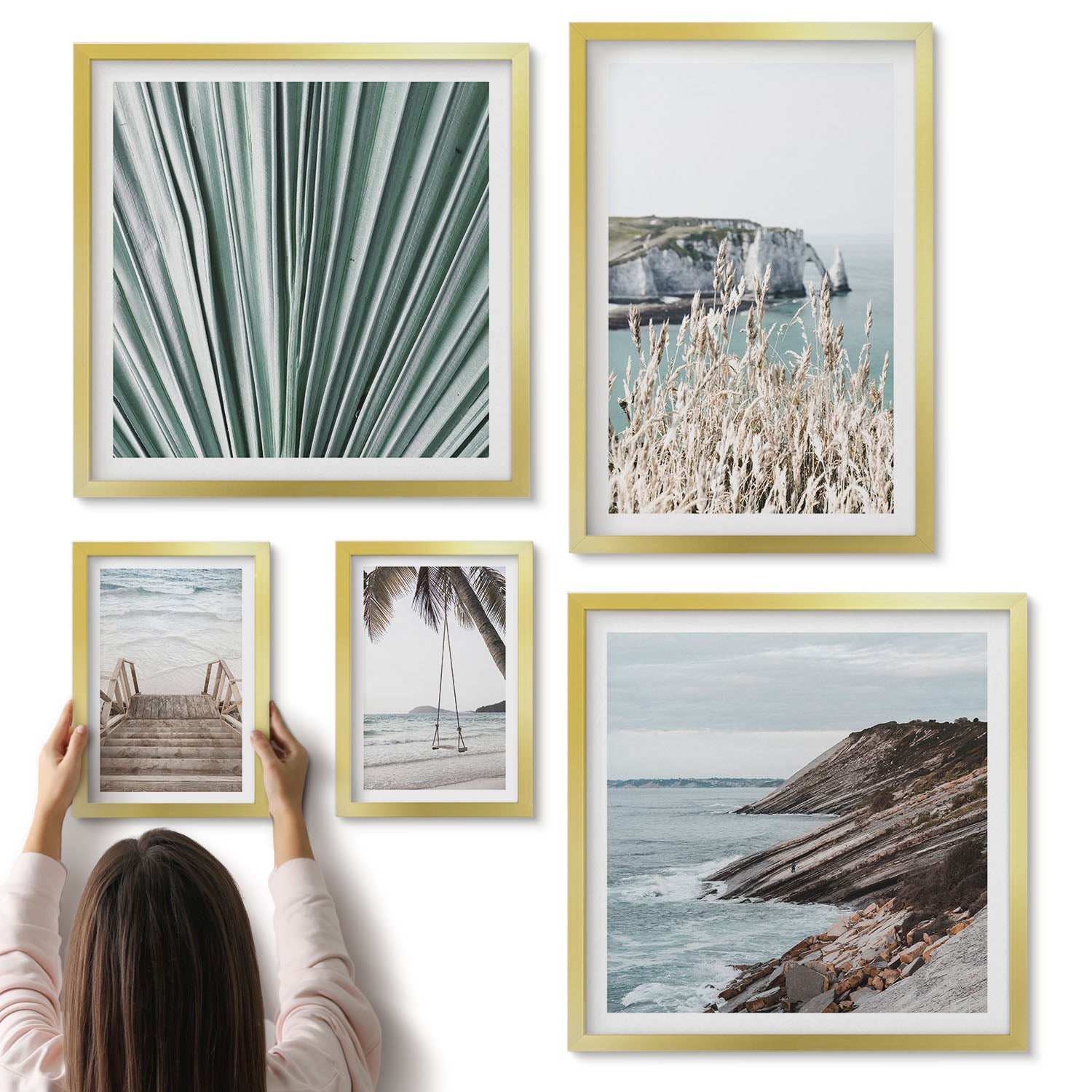 Galeria ścienna 5-częściowy komplet obrazów w złotych ramach - Nadmorskie krajobrazy z plażami i roślinnością tropikalną - ArtPrintCave