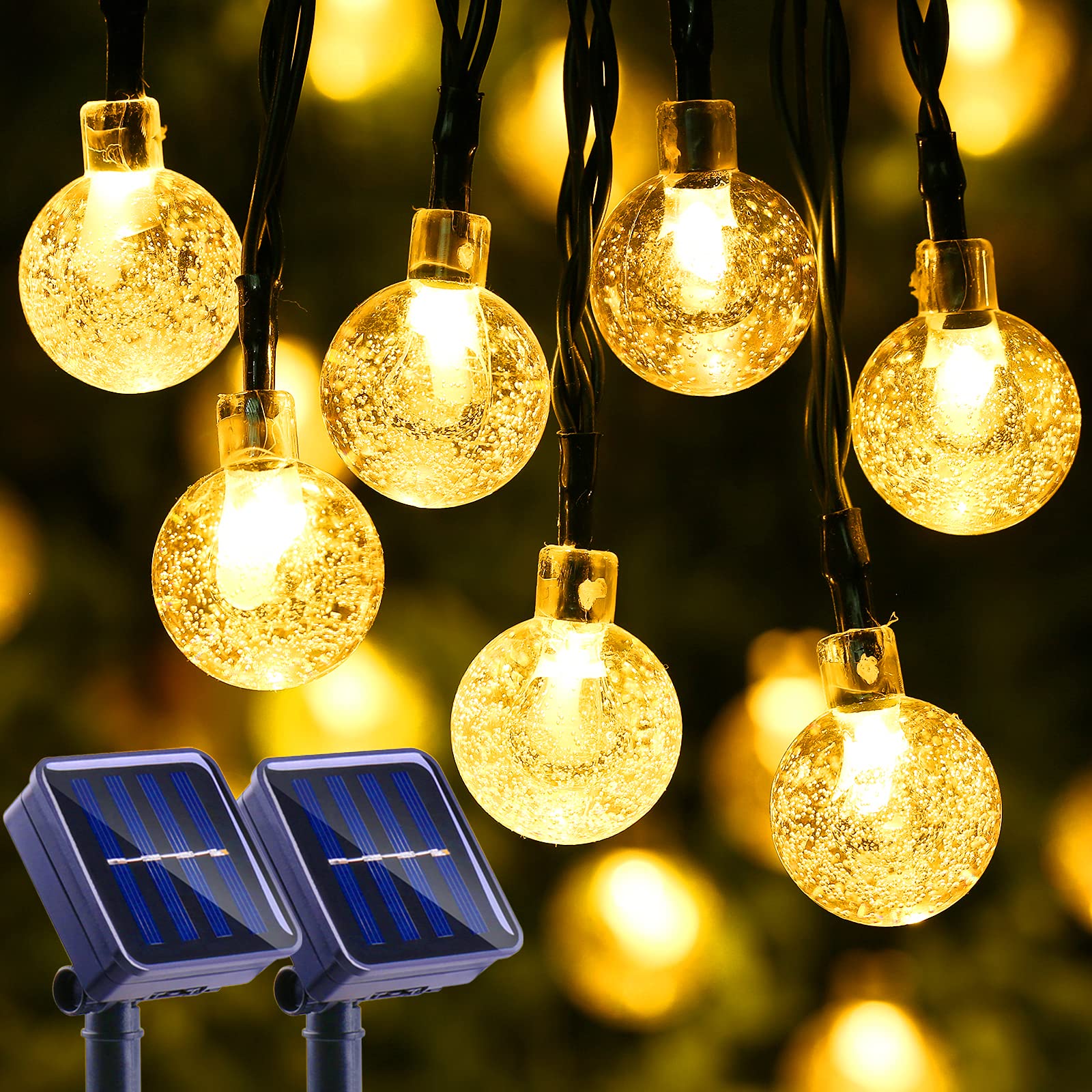 Zewnętrzna solarna girlanda świetlna, 2 sztuki, wodoodporna, 36 stóp, 60 LED, do dekoracji ogrodu, patio, 8 trybów, ciepła biel