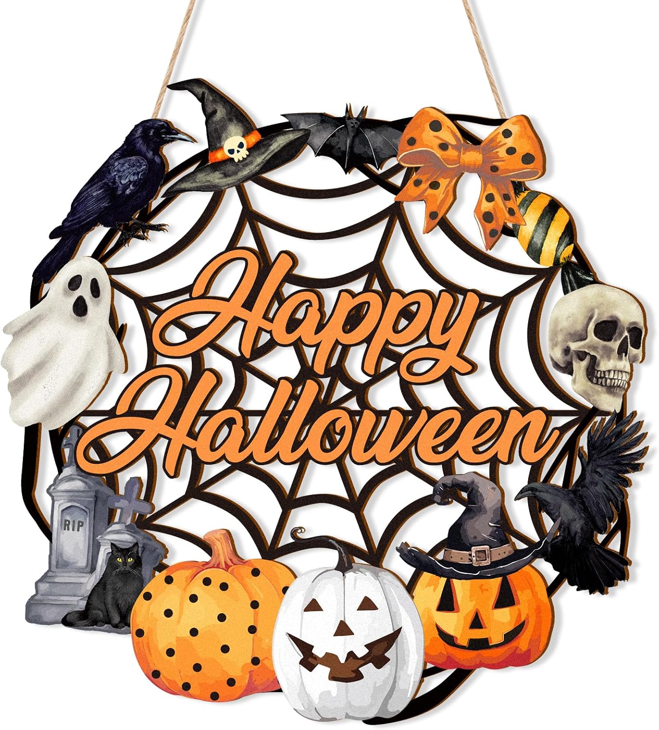 Dekoracja na Halloween, drewniany wieniec na drzwi w kształcie ducha, tabliczka na drzwi wejściowe, panel ścienny, dynia, nietoperz, czarny kot, panel