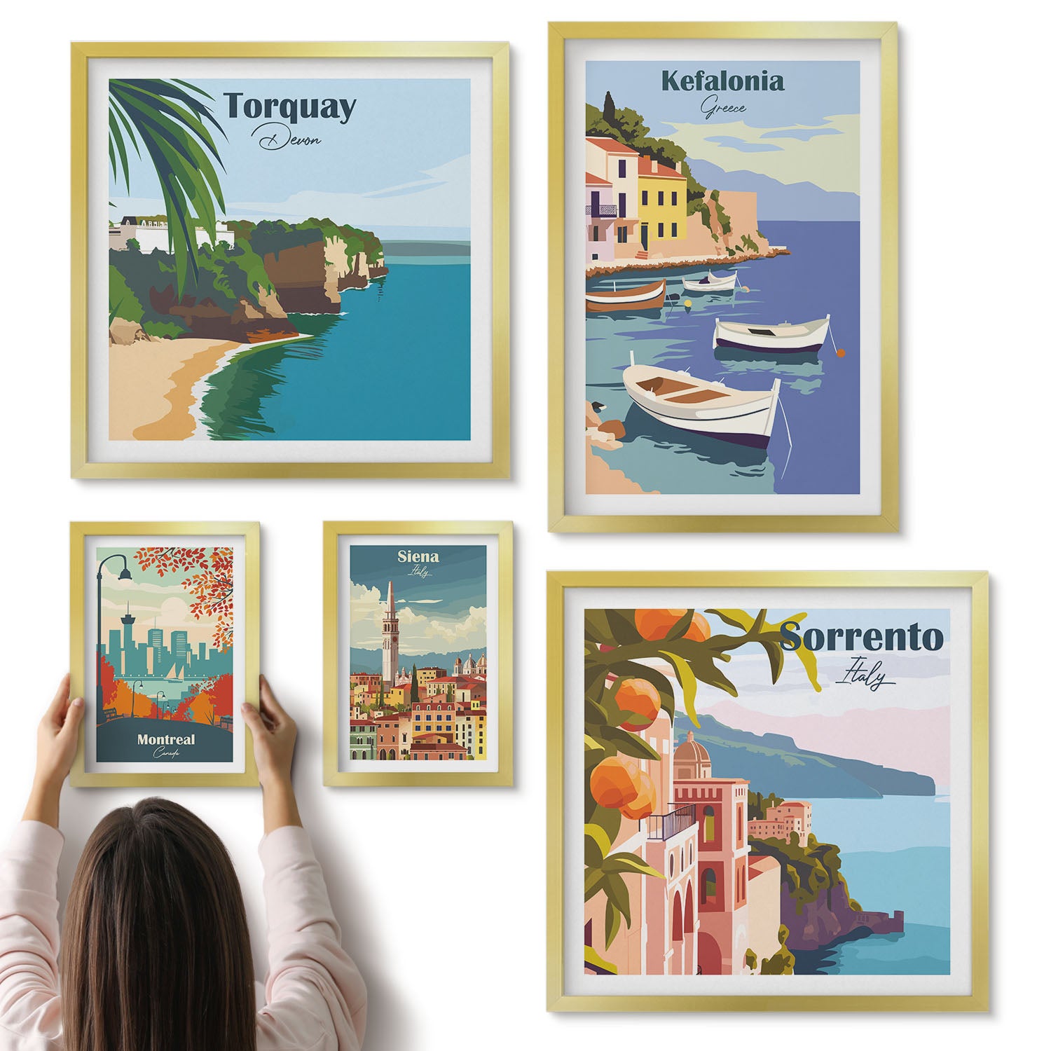 Galeria ścienna 5-częściowy komplet obrazów w złotych ramach - Krajobrazy nadmorskie z europejskich miejscowości turystycznych - ArtPrintCave