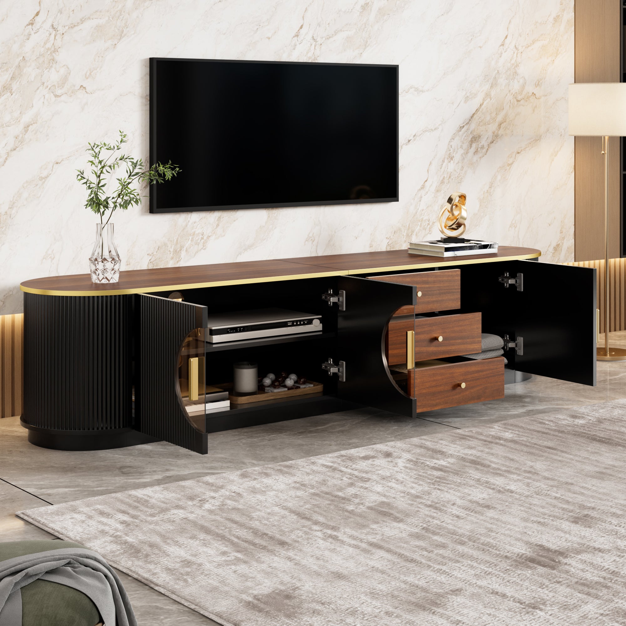 Szafka RTV z 3 drzwiami i 3 szufladami - 180 x 40 x 46 cm - MDF - Okrągłe drzwi szklane i organizer na kable - Czarny i orzechowy