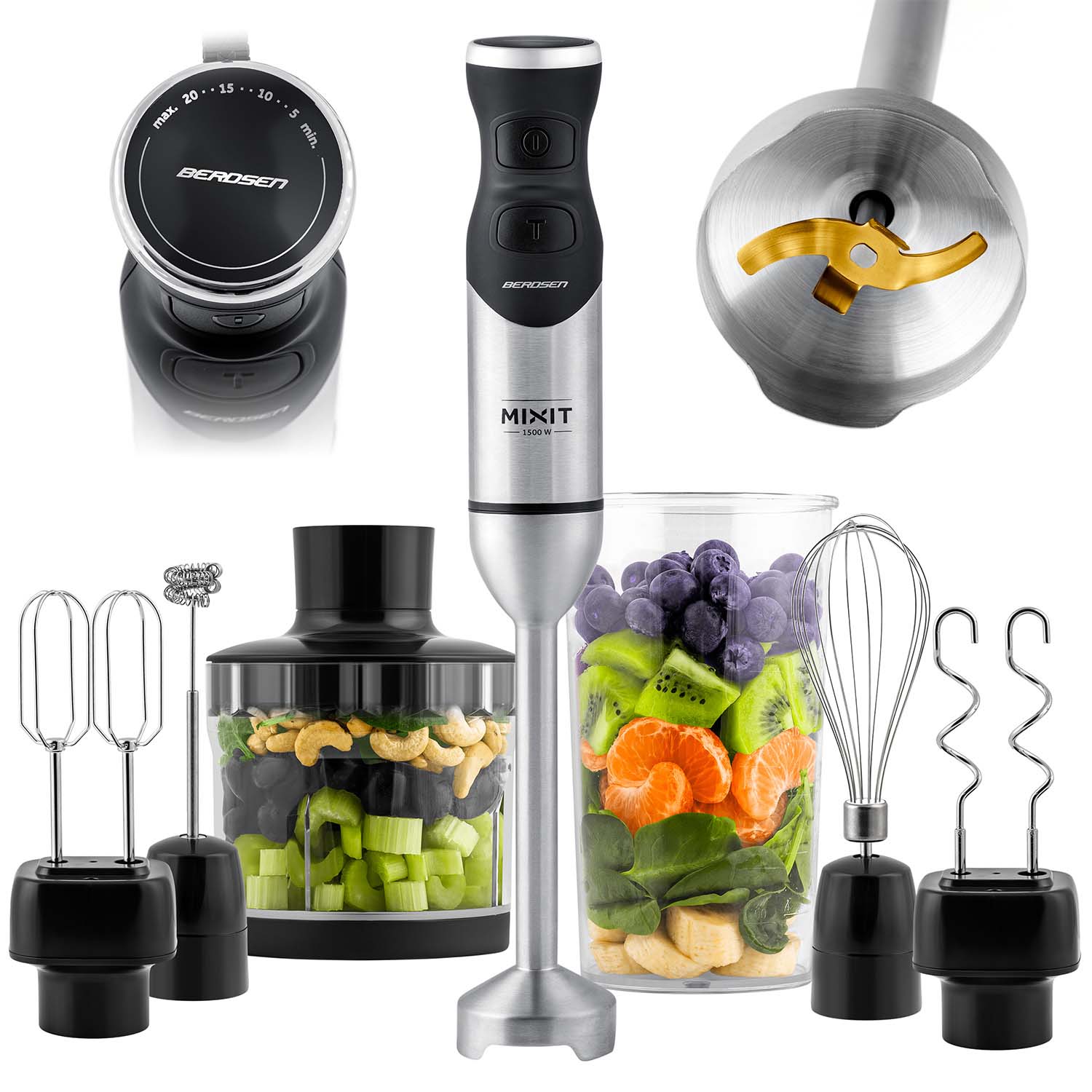 Blender ręczny Berdsen BD-753 wielofunkcyjny mocny 1500W tytanowe ostrza 6w1