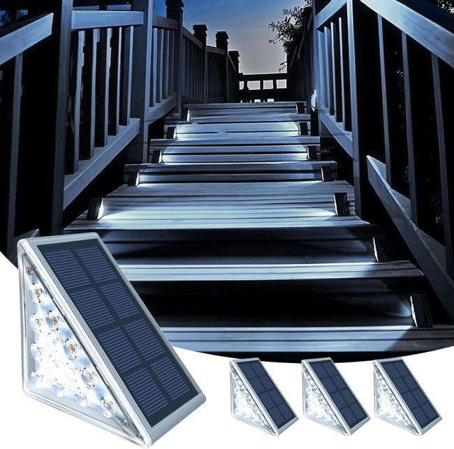 Zestaw 4 zewnętrznych lamp solarnych na schody, chłodne białe światło, wodoszczelność IP67, do podłóg, werand, dziedzińców, ścieżek, ogrodów i wjazdó
