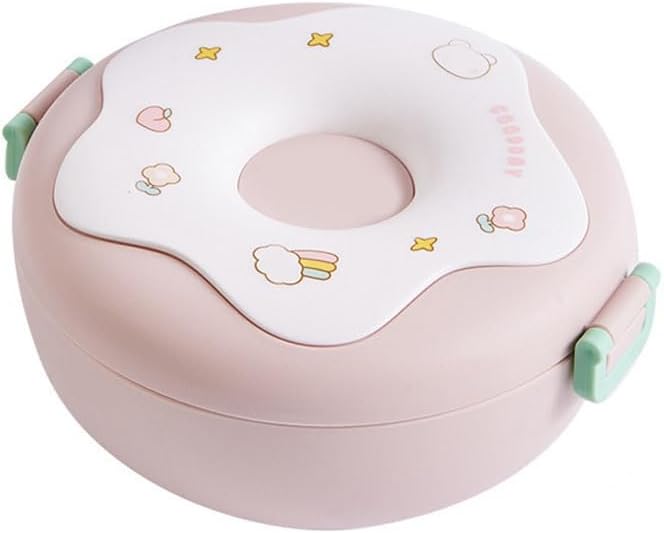 Okrągły lunchbox w kształcie pączka z pokrywką, widelcem i łyżką; podgrzewany plastikowy lunchbox; różowy.