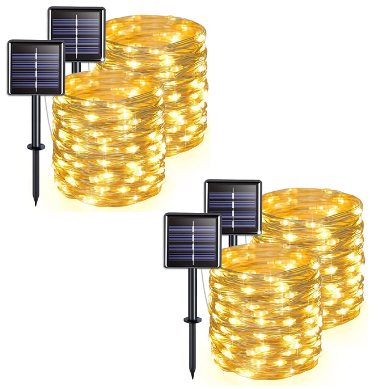 4-punktowe zewnętrzne lampki solarne, drut miedziany, wodoodporne, 22 metry na lampkę, 200 diod LED (ciepłe światło)