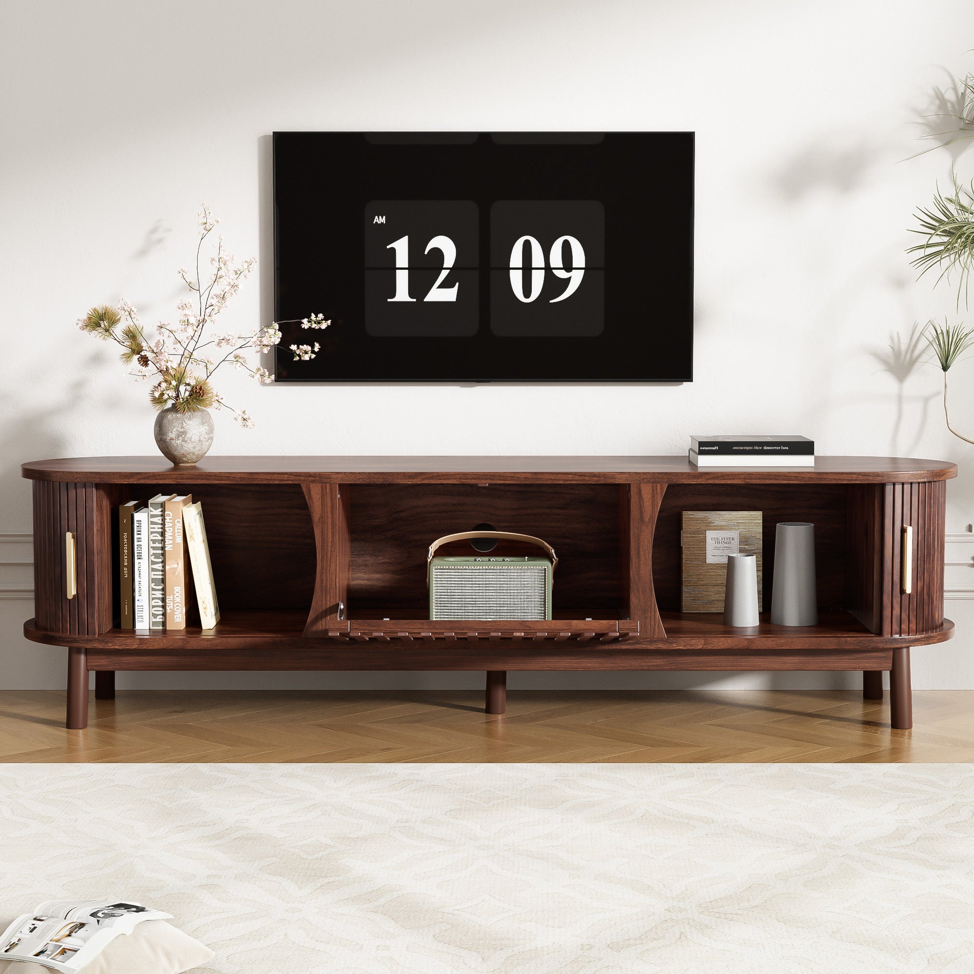 TV-Schrank Lowboard 165x39,5x46 cm - Braun, MDF, drzwi przesuwne i składane, do telewizorów do 65 cali