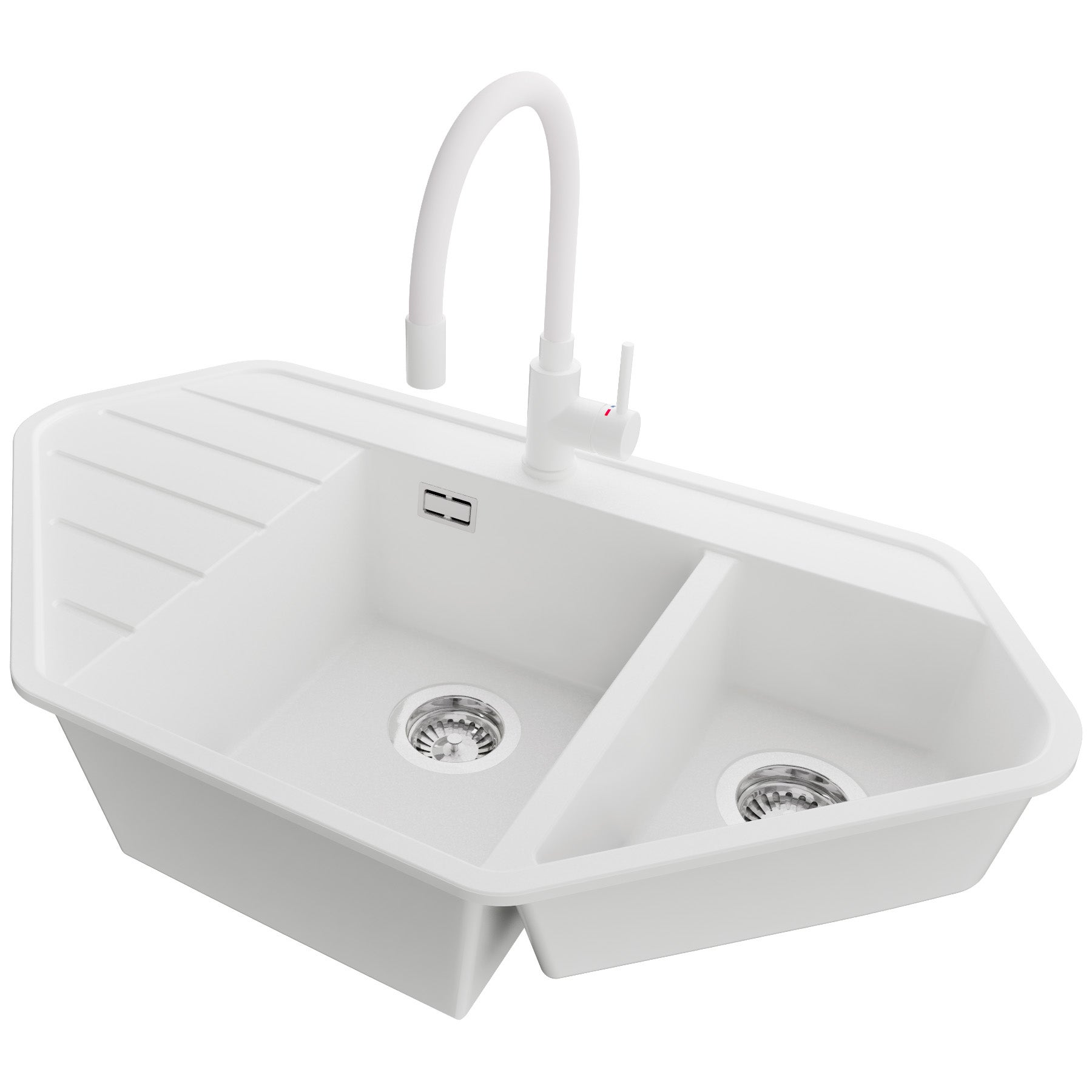 Zlew Granitowy Narożny Biały 90x50cm, Zlew Kuchenny 1,5 Komorowy + Bateria 38x14cm + Syfon, Nablatowy do szafki od 70cm - Kopenhaga Corner PRIMAGRAN