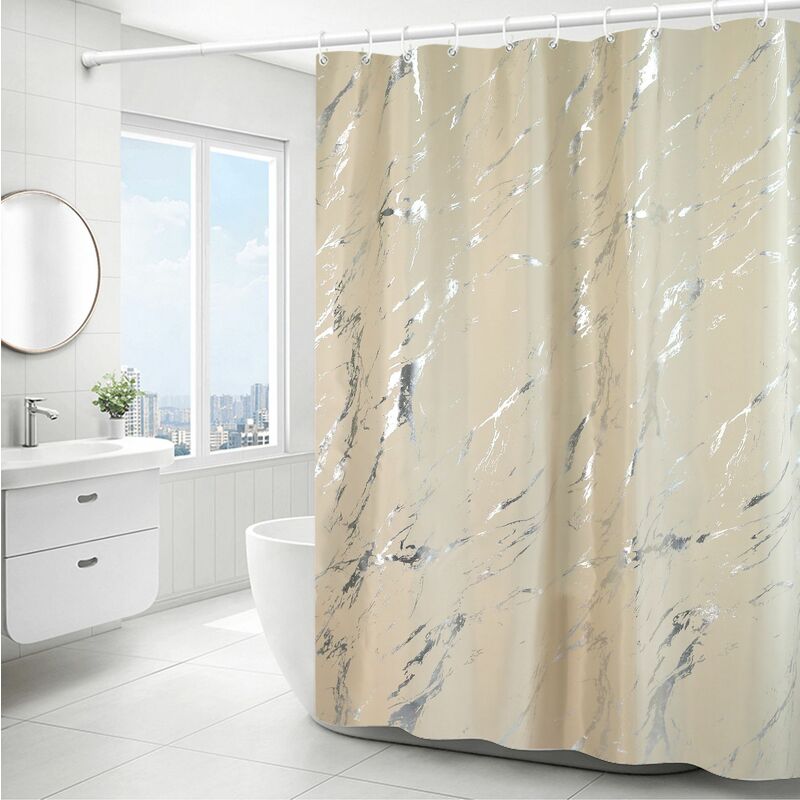 Prosta zasłona prysznicowa w srebrzysty marmur (beżowa) - 180 x 180 cm, możliwość prania w pralce, wykonana z poliestru, z 12 haczykami