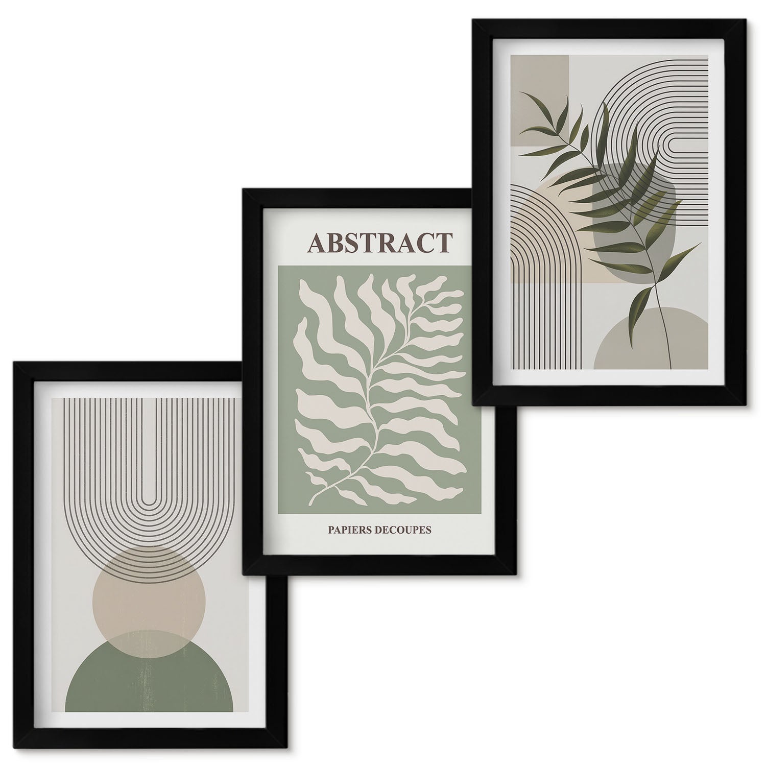 Zestaw obrazów w ramie - 3 części | Botaniczne abstrakcje styl boho rustykalny | Czarna ramka