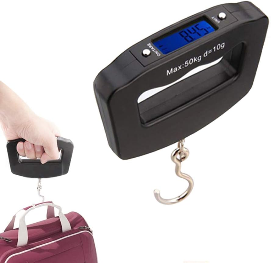 Waga bagażowa 50 kg/110 funtów – hak, podświetlany wyświetlacz LCD, funkcja tarowania, przenośna
