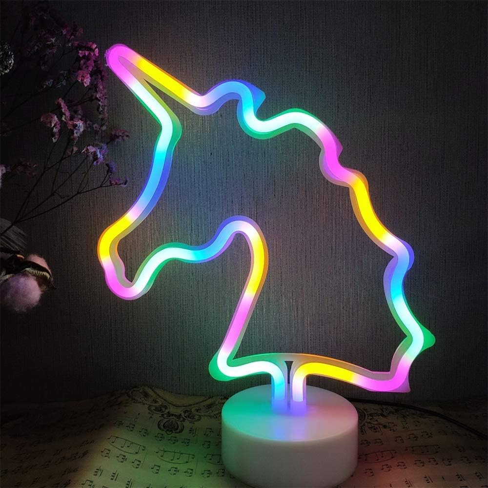 Wielokolorowy magiczny znak świetlny LED w kształcie jednorożca, nocna lampka z neonowym światłem i podstawą, dekoracja ścienna do domu, na święta i w