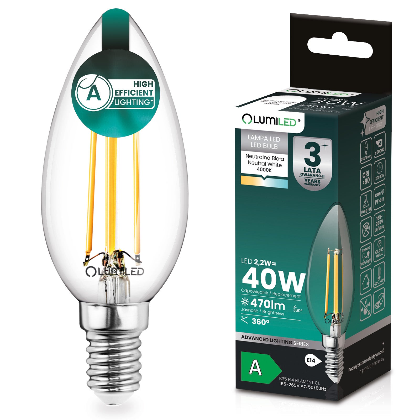 Żarówka LED Lumiled E14 Świeczka B35 2.2 W 470 lm 4000K Neutralna biel 360st Filament Klasa A