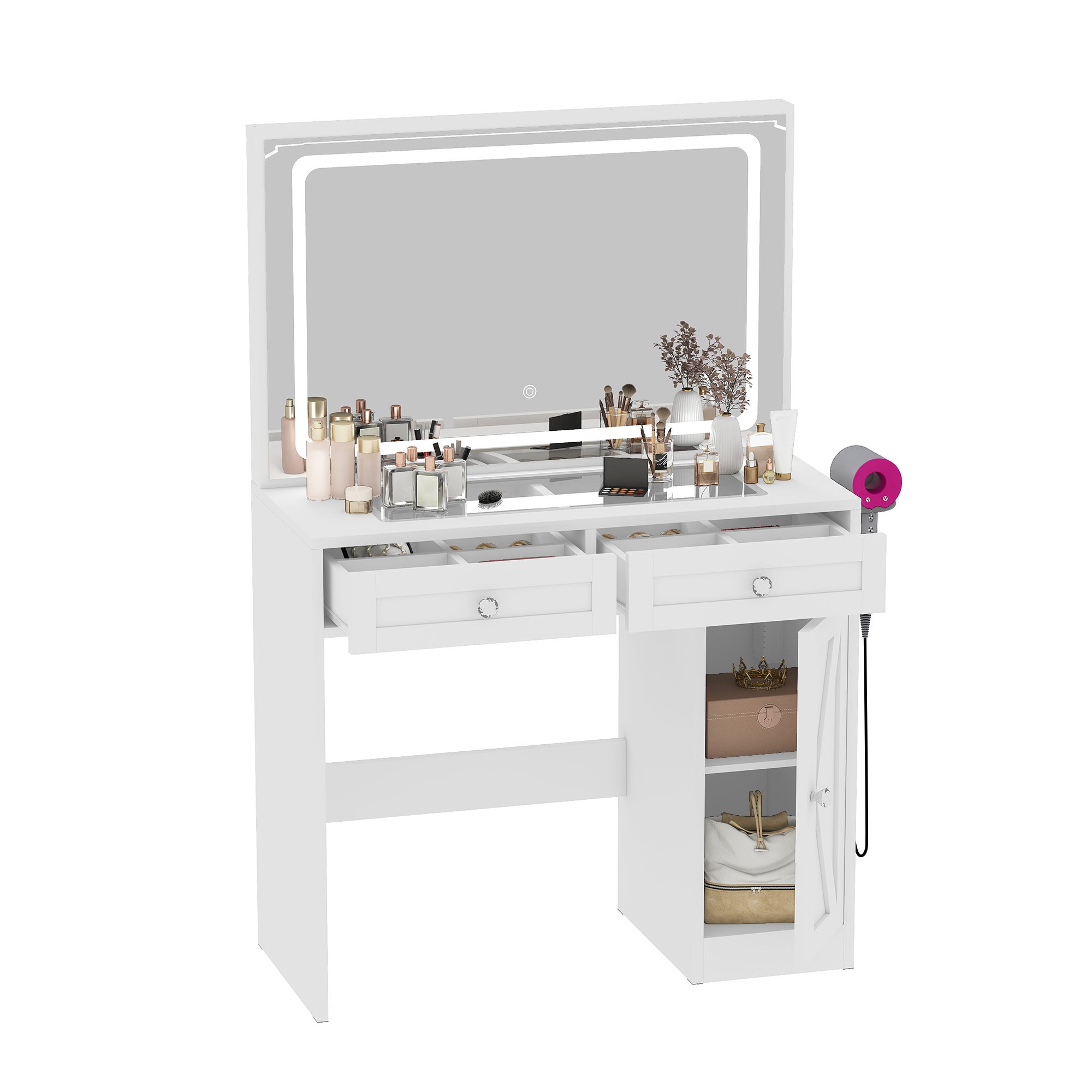 Toaletka YITAHOME z regulowanym lustrem LED, gniazdkiem EU, 2 szufladami, 90 x 40 x 136 cm, biały, styl nowoczesny