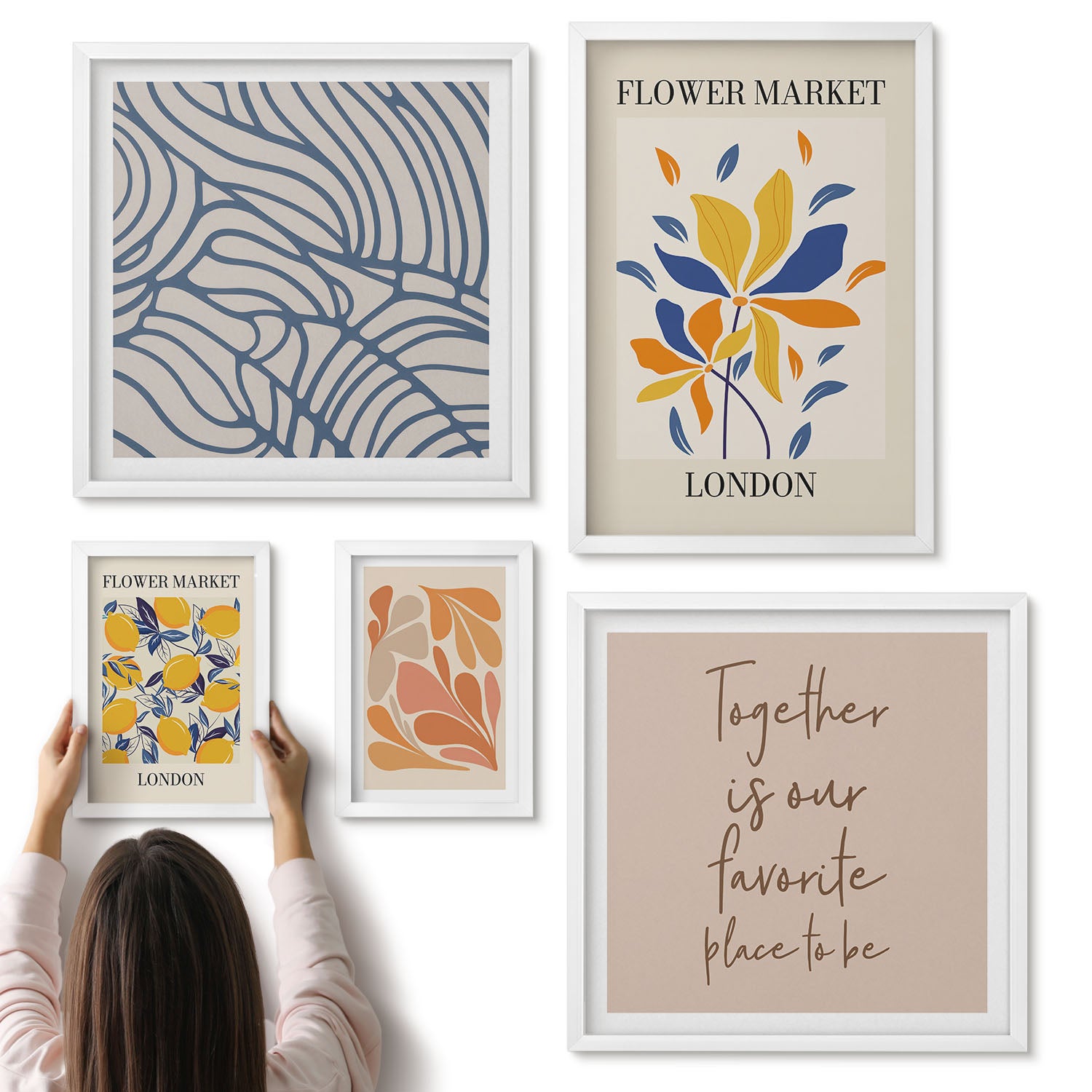 Galeria ścienna 5-częściowy komplet obrazów w białych ramach - Kwiatowe motywy i stylizowane napisy z Londynu - ArtPrintCave