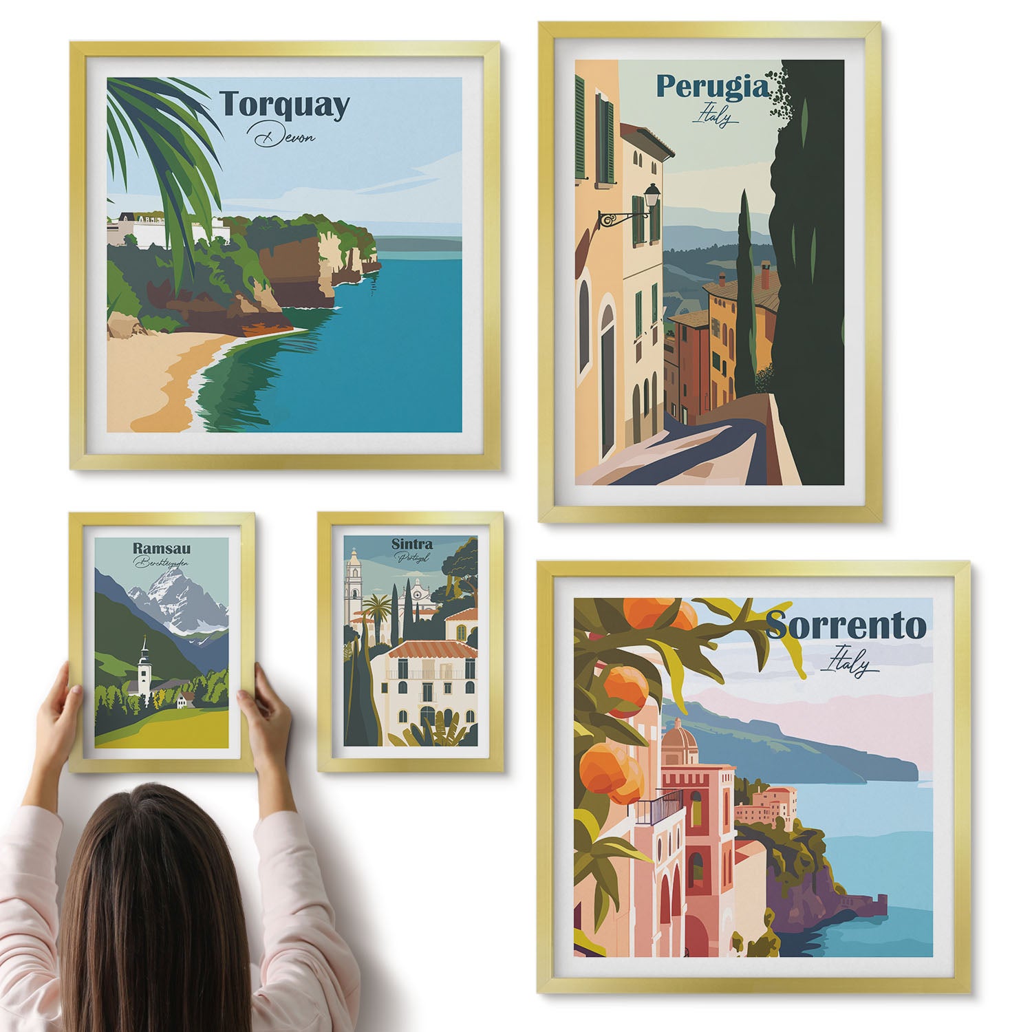 Galeria ścienna 5-częściowy komplet obrazów w złotych ramach - Włoskie miasteczka widoki na malownicze uliczki - ArtPrintCave