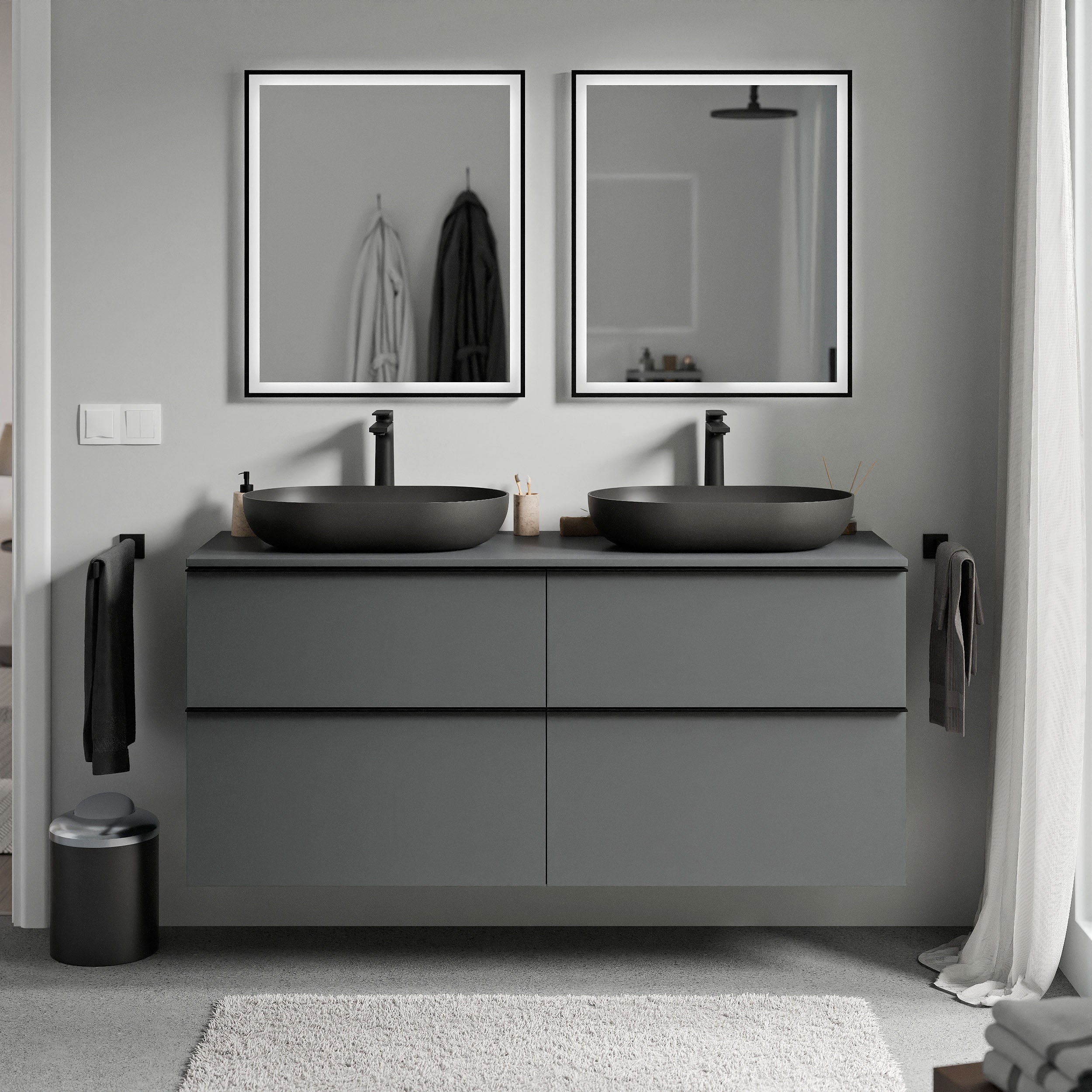 Bernstein LAVOA Szafka pod umywalkę wisząca MDF antracyt mat - Blat antracyt mat - Uchwyty czarne - 140x46x62cm