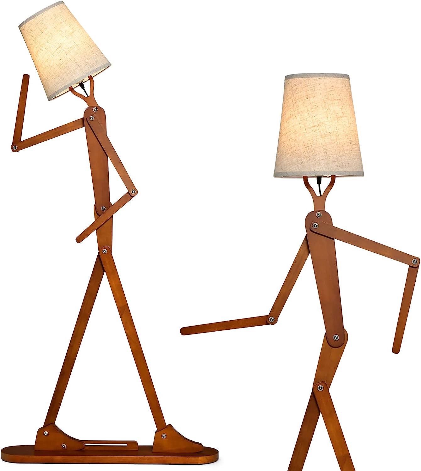 Kreatywna Stojąca Lampa z Gumowego Drewna w Kształcie Człowieka, Lampa Podłogowa z Regulowanymi Stawami, Wymienny Abażur z Tkaniny i Włącznik nożny