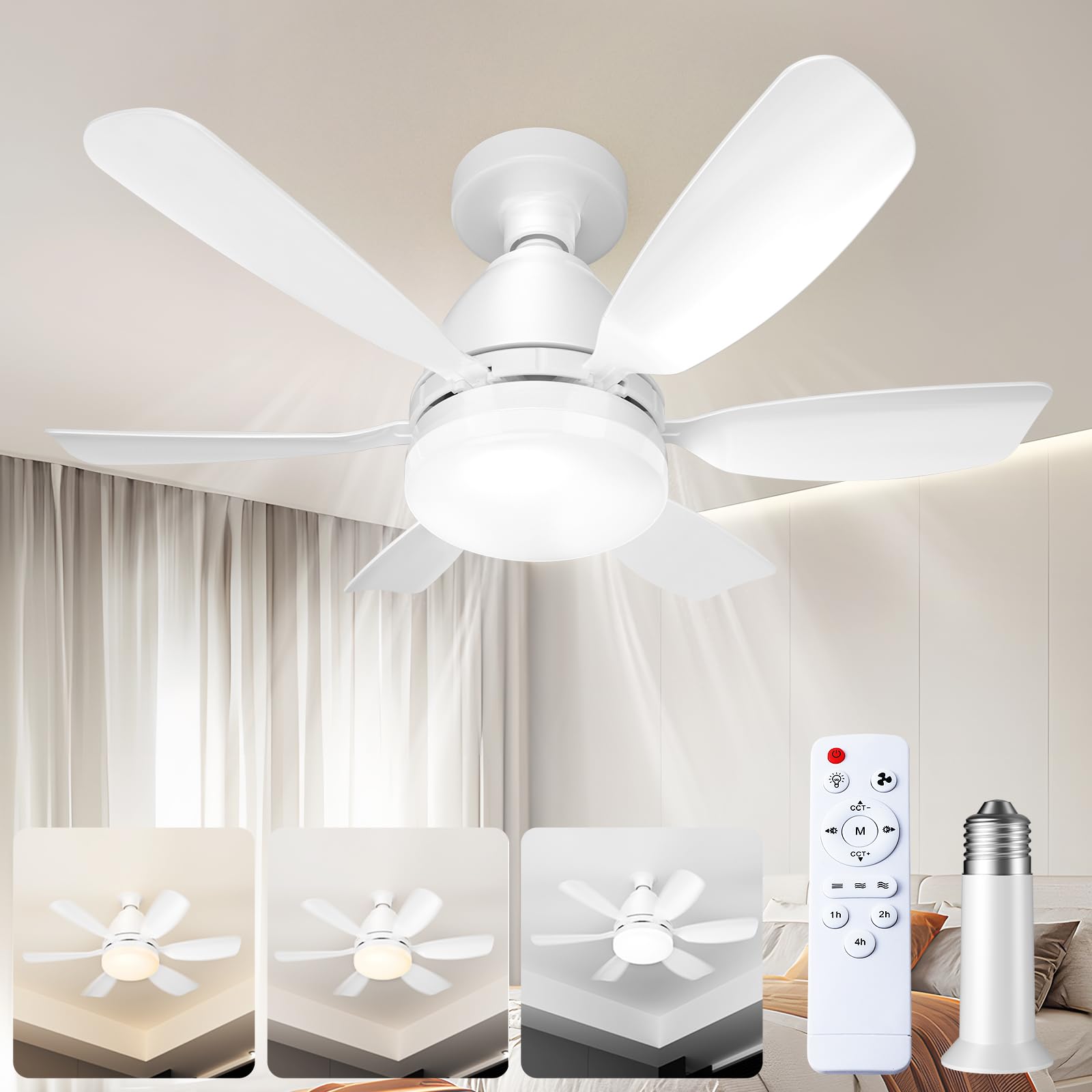 Oświetlenie wachlarzowe z trójkolorowym, zmiennym światłem, nowoczesny ściemnialny wentylator sufitowy LED, biały – 30 W + przedłużka 12 cm + 4 śruby