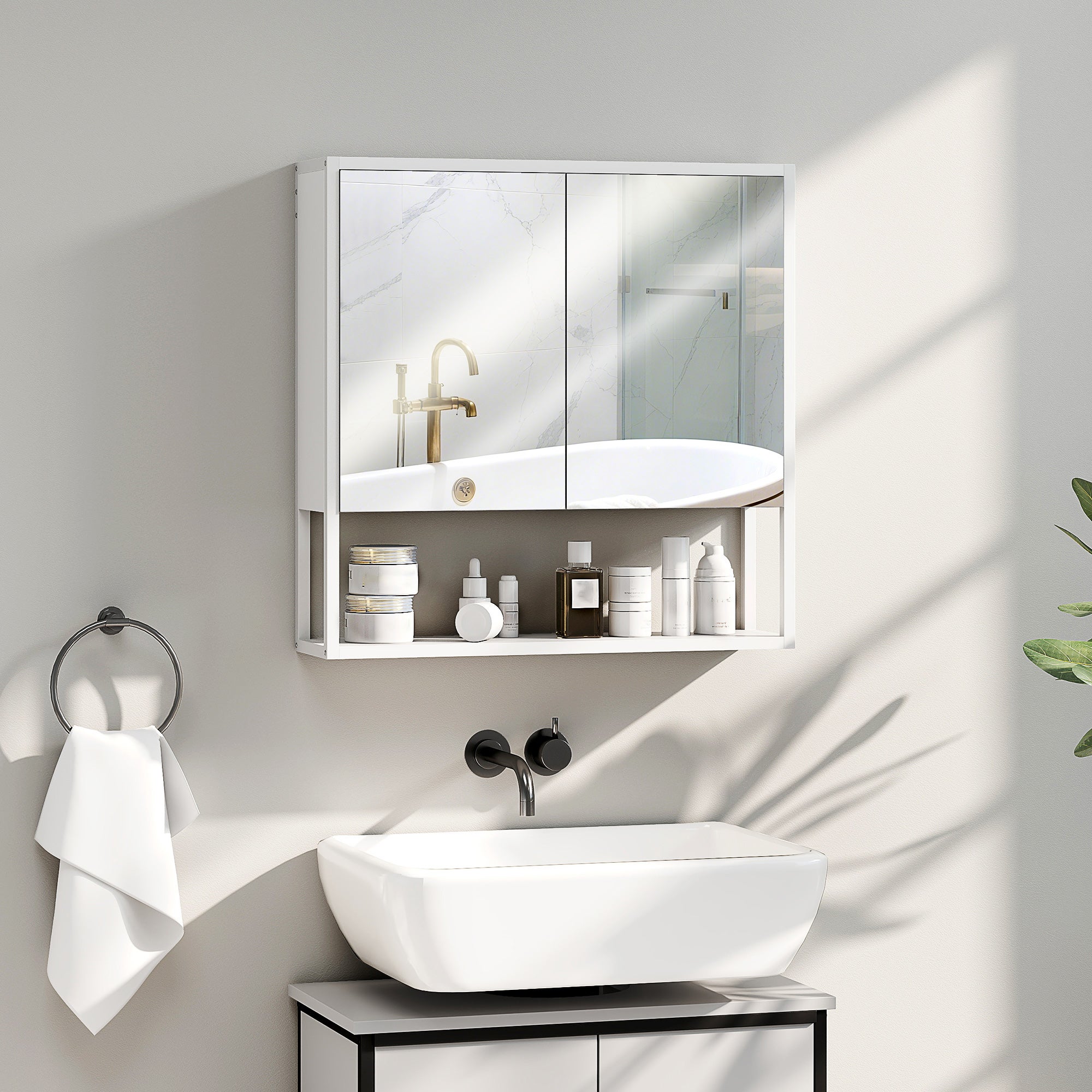 Szafka łazienkowa wisząca z lustrem, biały mebel 2 drzwi, otwarta półka do łazienki, 60x16x60 cm