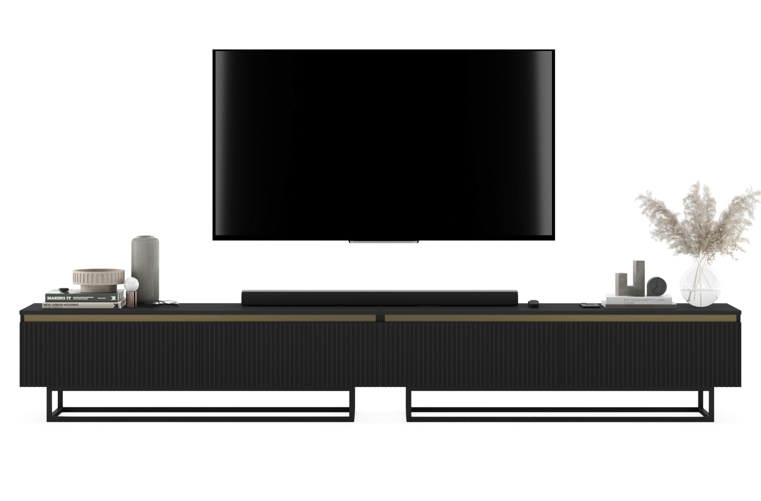 Nowoczesna szafka RTV Glamour 280 cm czarny mat, czarny metalowy stelaż, mebel RTV do salonu