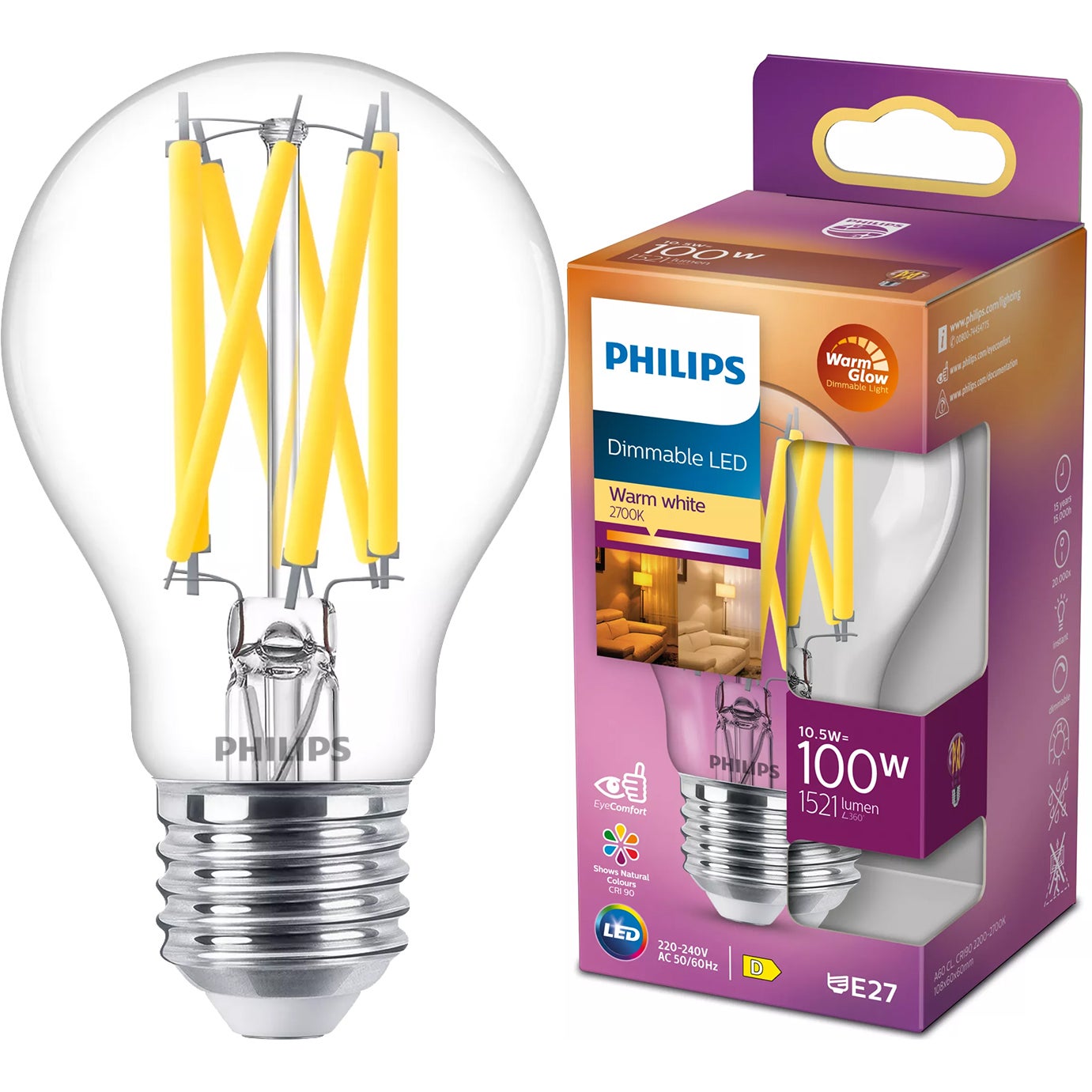 Żarówka LED Philips E27 A60 10.5W 1521lm 2700K Filament Ściemnialna WarmGlow Dimmable