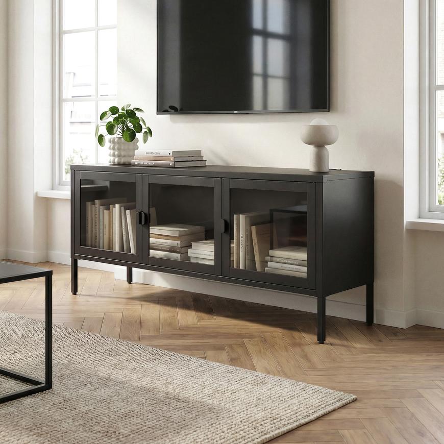 Szafka RTV Industrialna Metalowa 130cm 3 Drzwi, Czarna I Szkło Hartowane Ezra