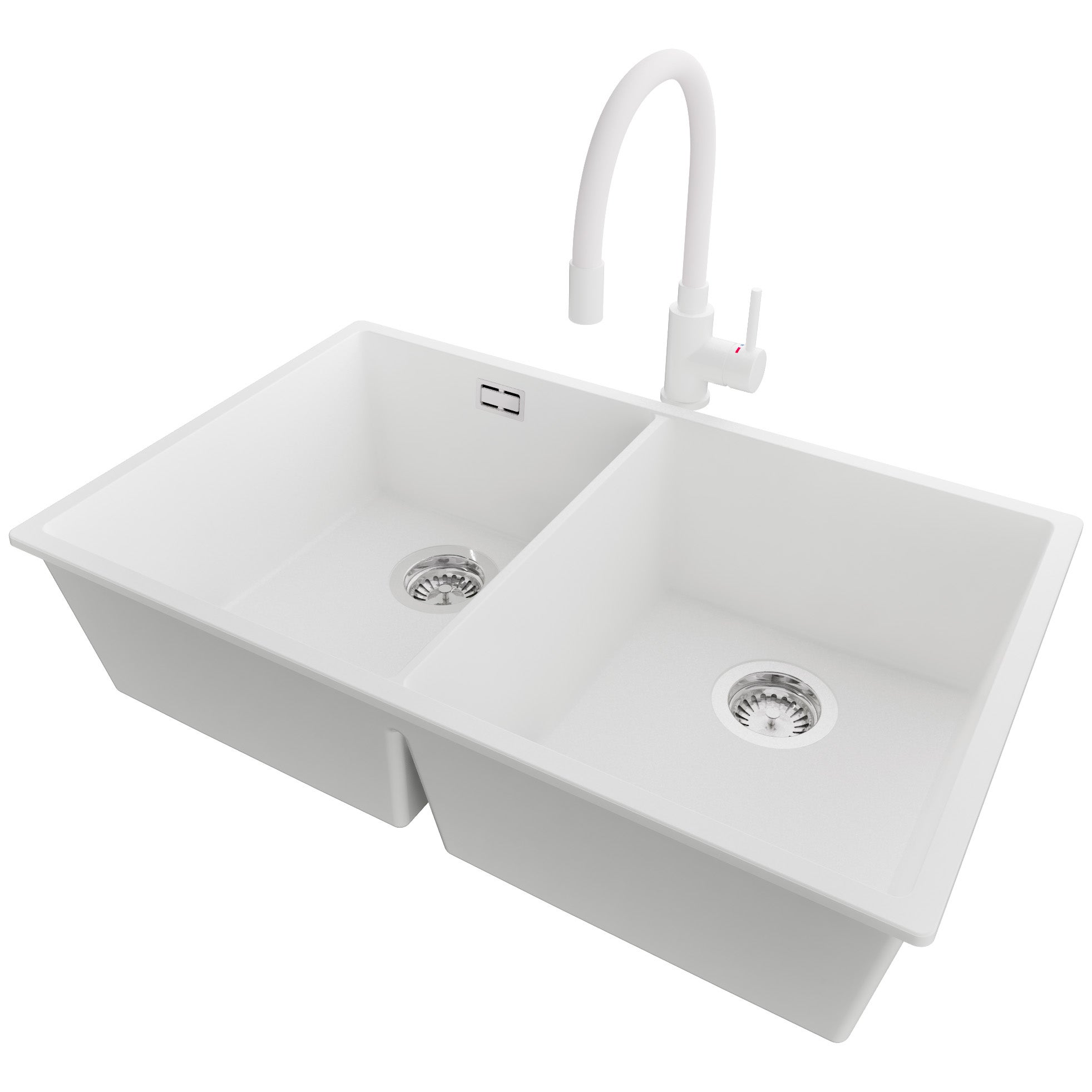 Zlewozmywak Granitowy Biały 76x47cm, Zlew Kuchenny 2 Komorowy + Bateria 38x14cm + Syfon, Nablatowy do szafki od 80cm - Londyn Slim Twin PRIMAGRAN