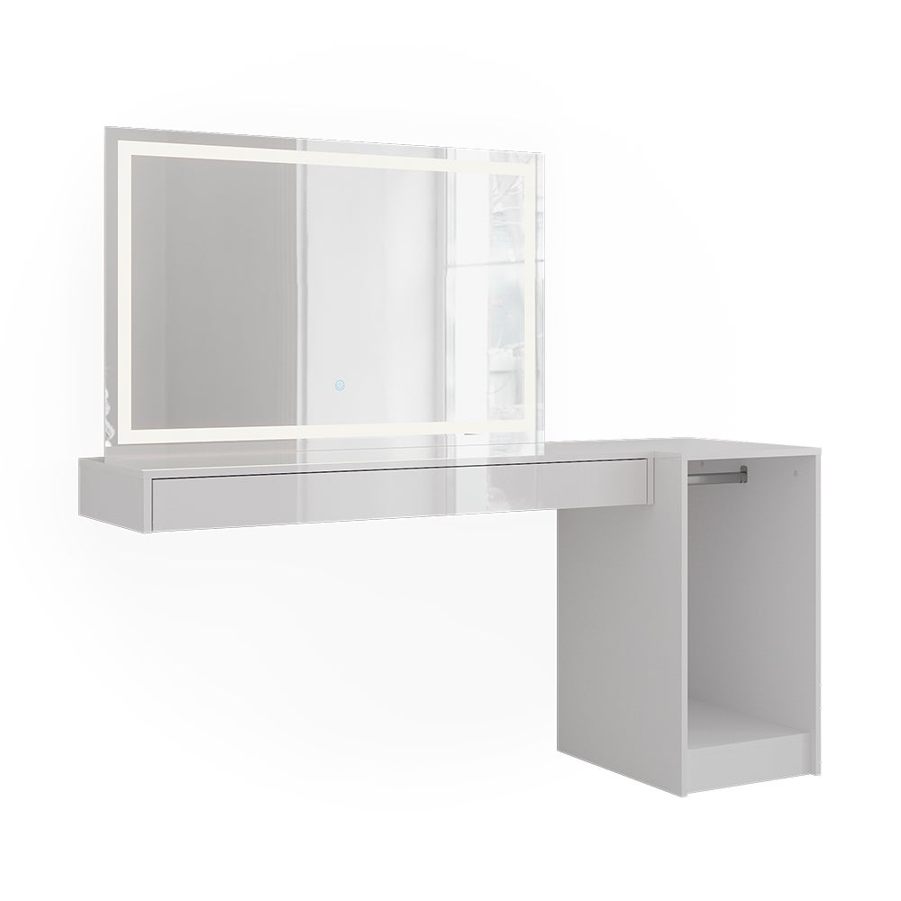 Vicco Stół toaletowy Sherry, Biały, 160.2 cm z lustrem LED i modułem z drążkiem na ubrania
