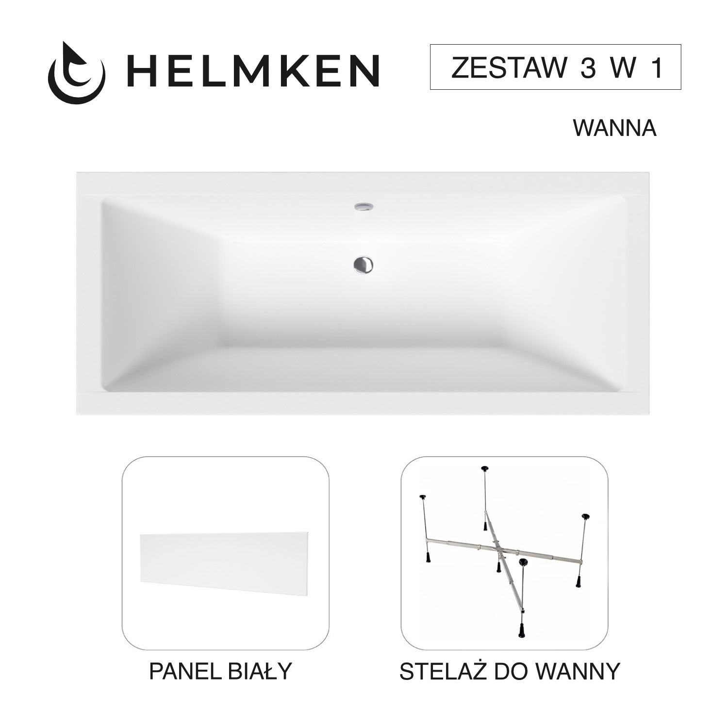 Wanna akrylowa Helmken Alvaro 155 x 70 + Panel Biały + Stelaż uniwersalny do wanien Helmken 21230020 / 23096001-3S