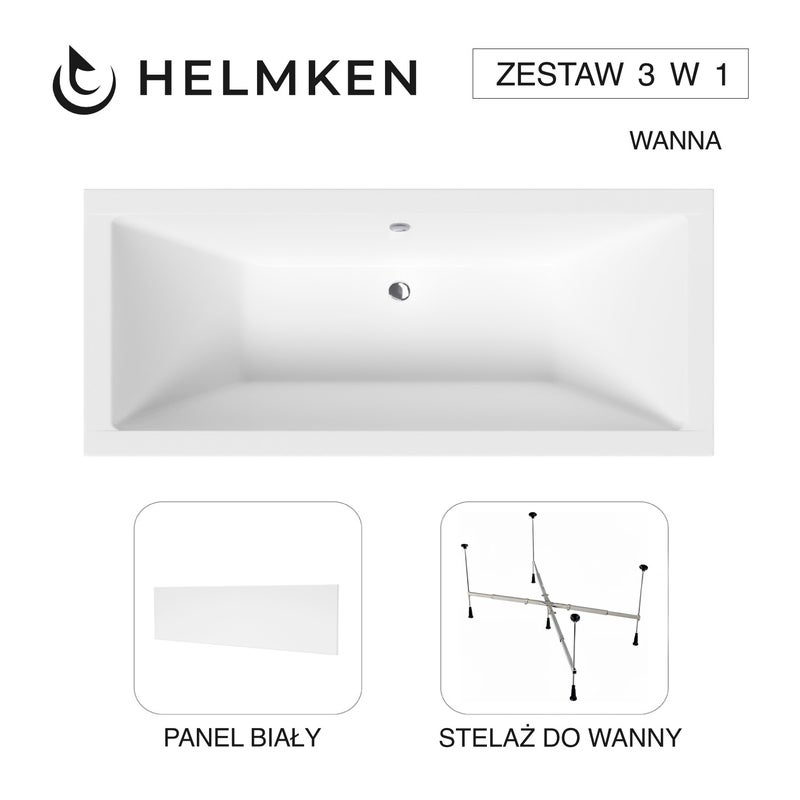 Wanna akrylowa Helmken Alvaro 155 x 70 + Panel Biały + Stelaż uniwersalny do wanien Helmken 21230020 / 23096001-3S