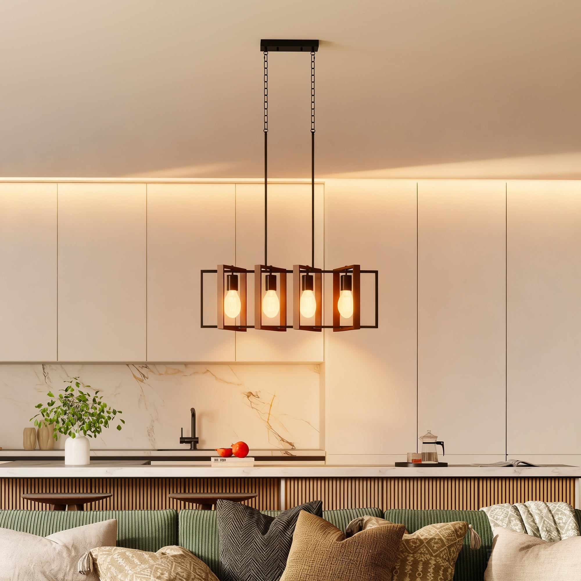 Nowoczesna lampa wisząca, żyrandol sufitowy z 4 obrotowymi ramkami i regulacją wysokości, 80 x 21 x 90-130 cm, orzech